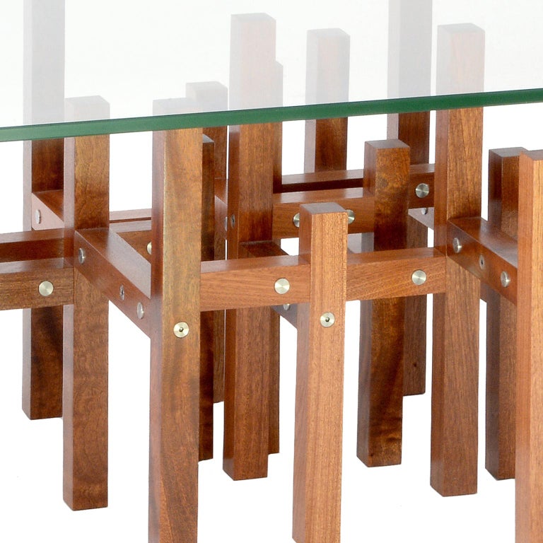 Handmade Modern Coffee Table with Glass Top Metal and Mahogany Wood For