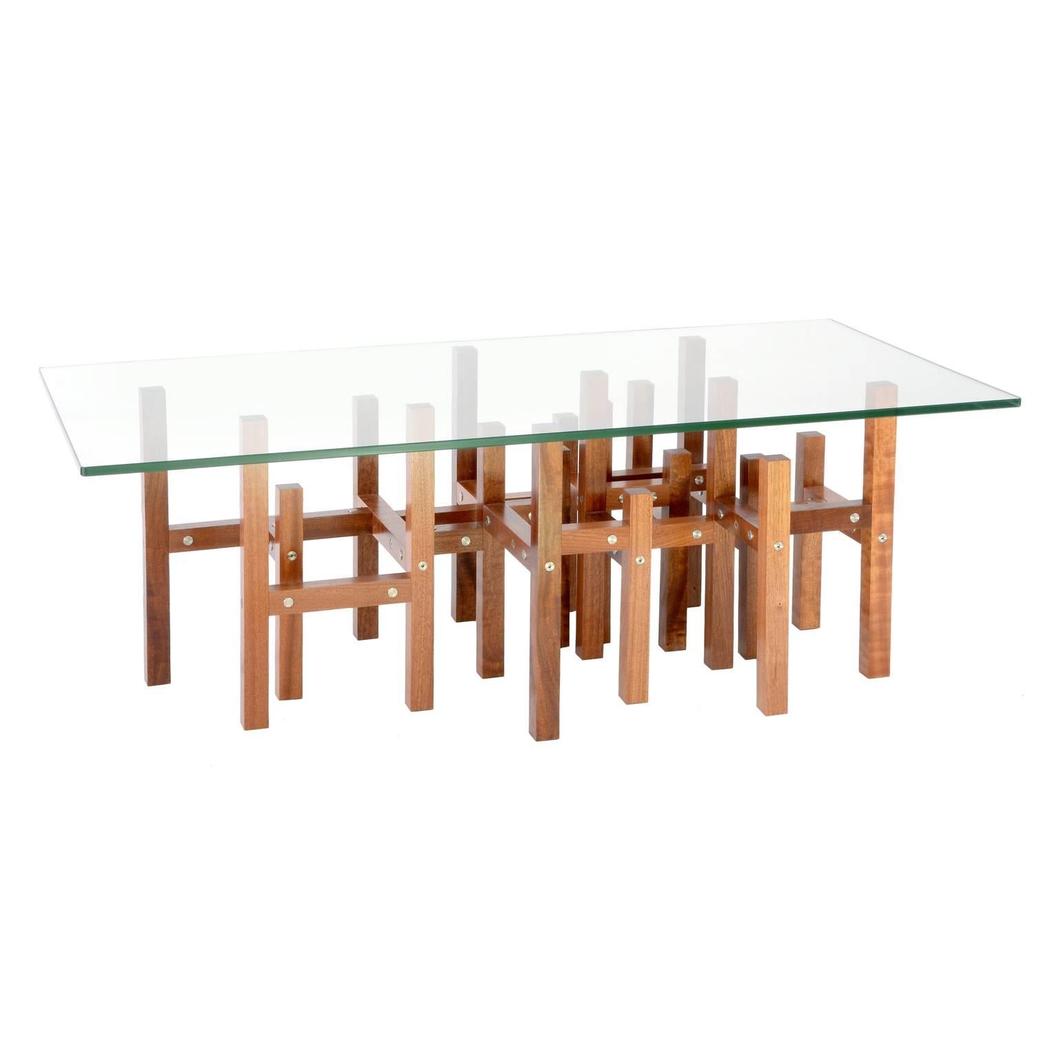 Handmade Modern Coffee Table with Glass Top Metal & Mahogany Wood