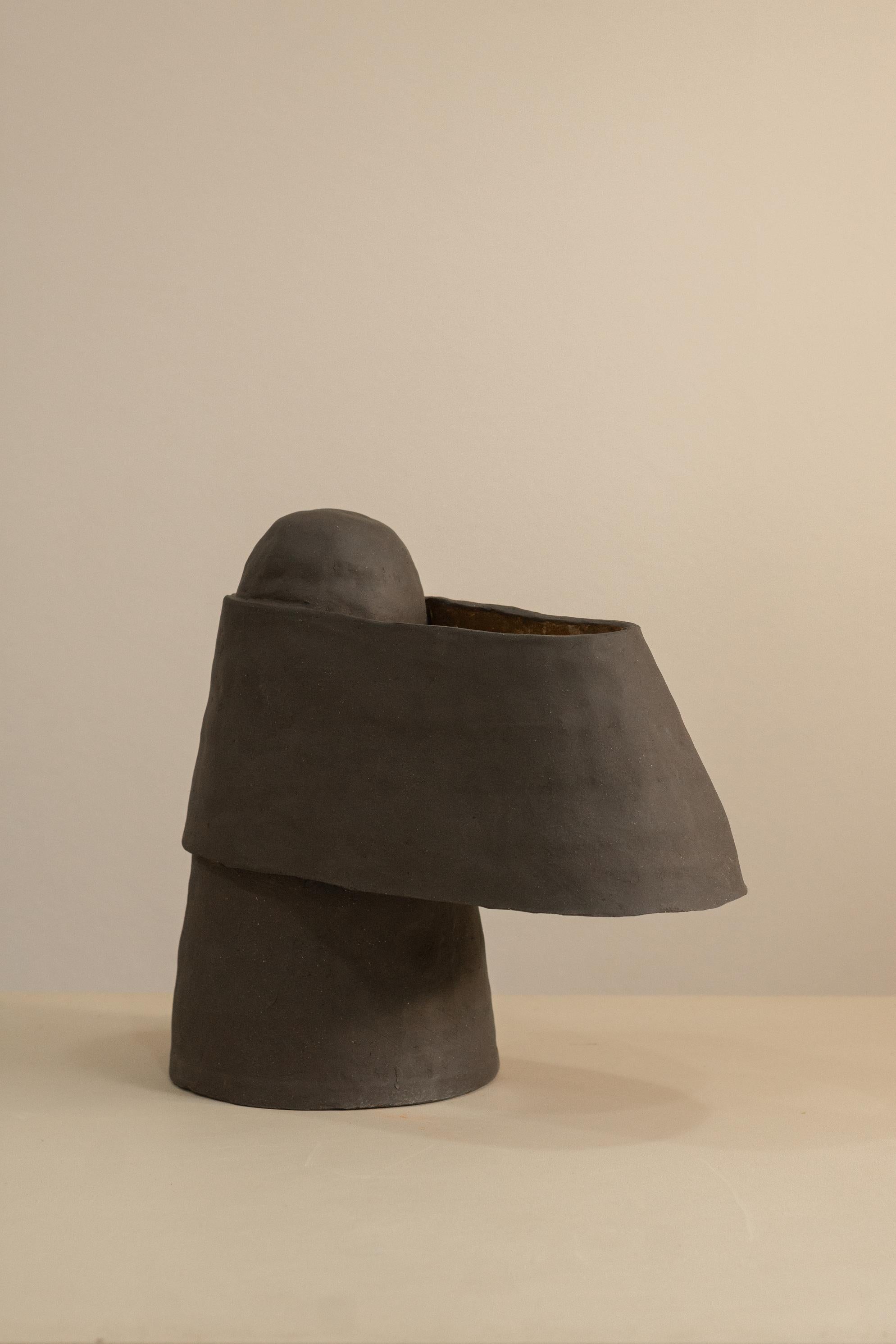 Brazilian Black Ceramic Table Lamp Light Sculpture Handcrafted For Sale