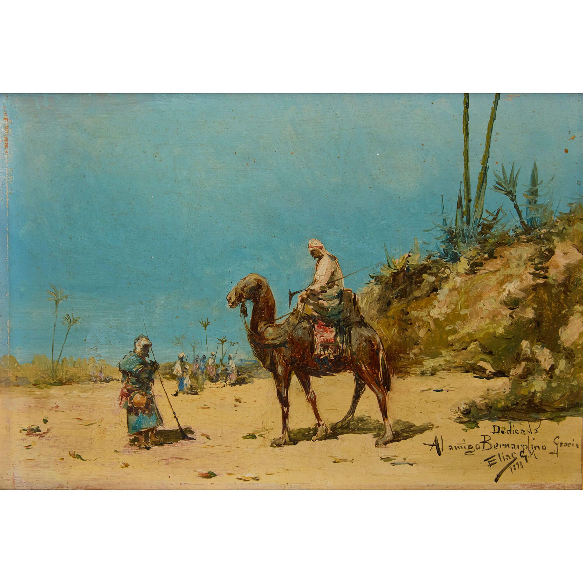 Pittura ad olio orientalista del XIX secolo raffigurante una scena del deserto di González Manso - Painting di Elías González Manso
