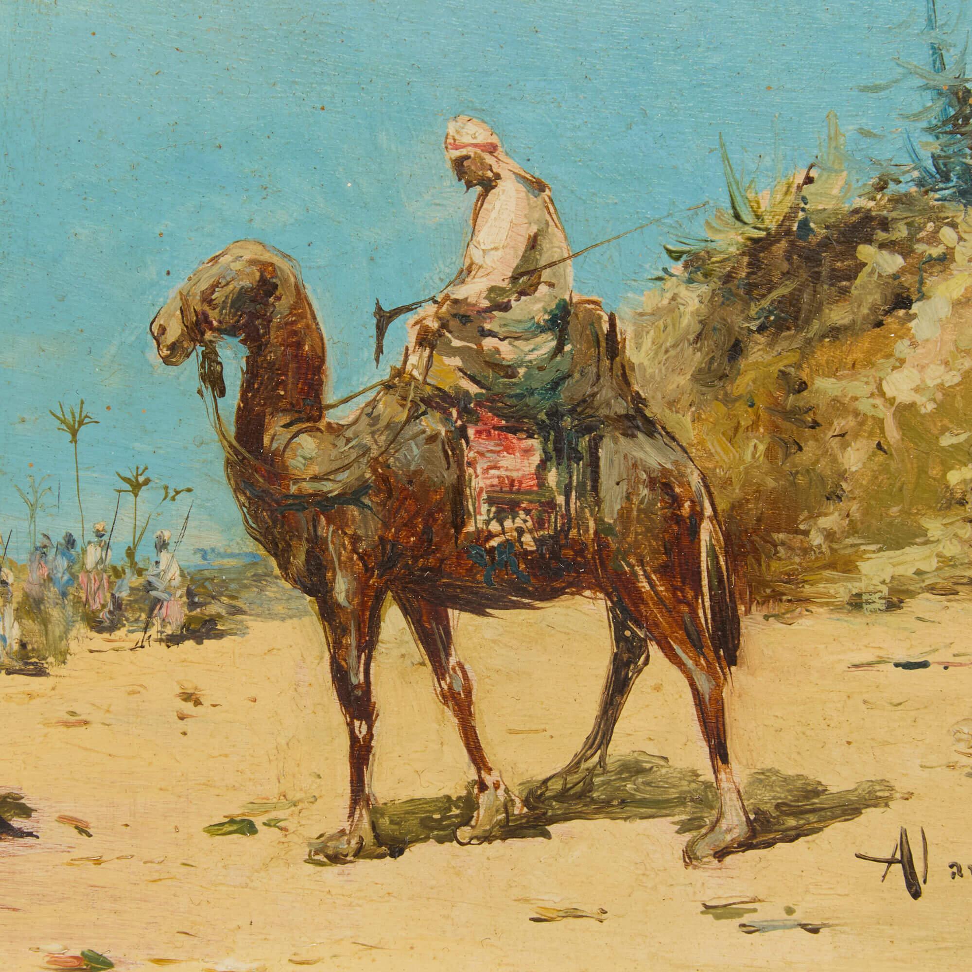 Pittura ad olio orientalista del XIX secolo raffigurante una scena del deserto di González Manso - Figurative Painting Marrone di Elías González Manso