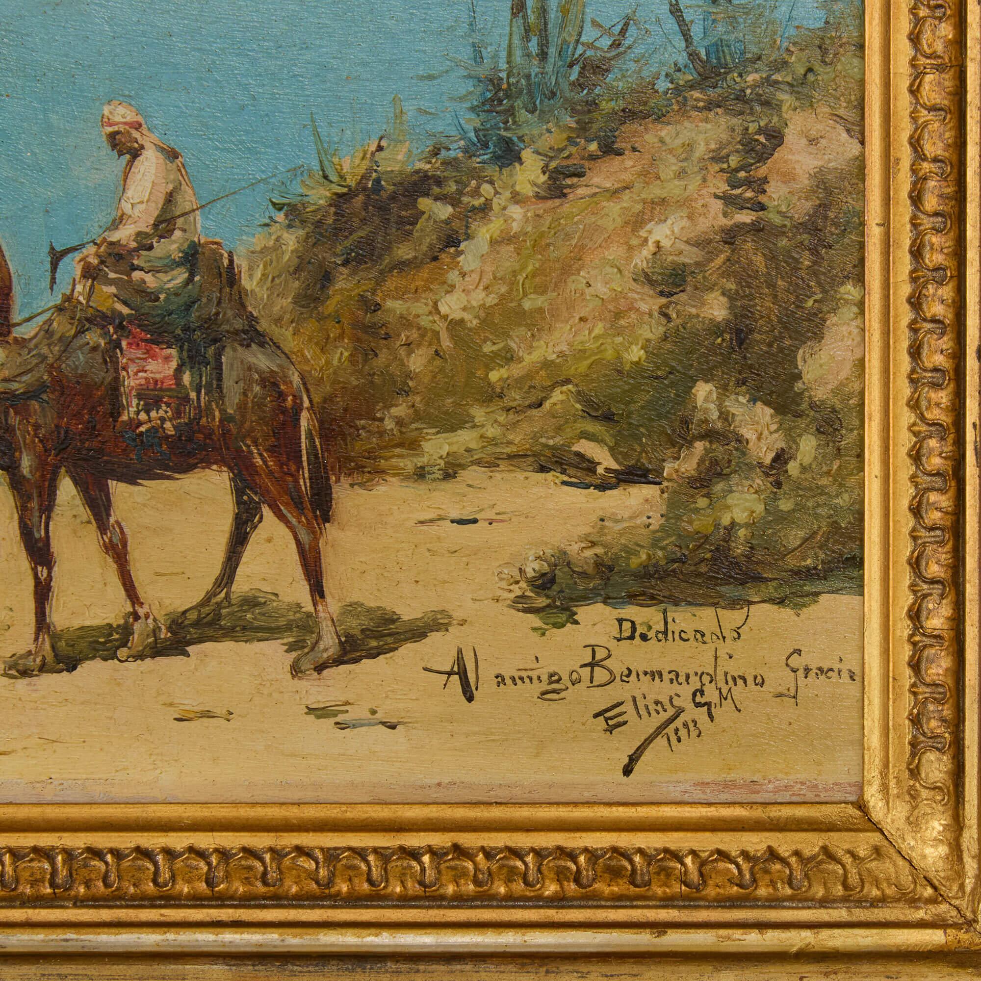 Dipinto a olio orientalista del XIX secolo raffigurante una scena di deserto di González Manso
Spagnolo, 1893
Pannello: Altezza 14 cm, larghezza 20 cm
Telaio: Altezza 28,5 cm, larghezza 34 cm, profondità 6 cm

Questo affascinante olio su tavola,
