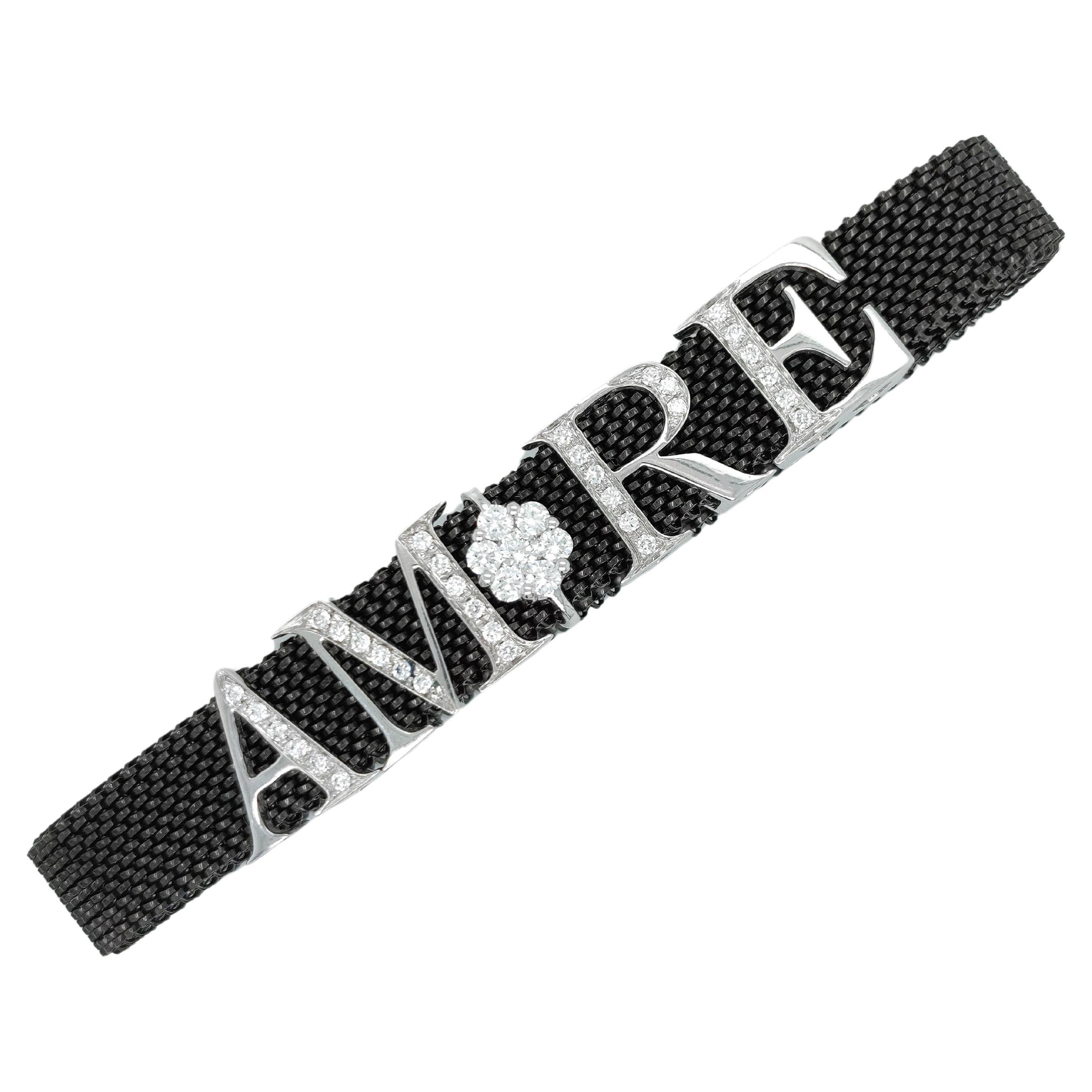 Elastic Bracelet in Black steel and Amore gold letters & diamonds For Sale