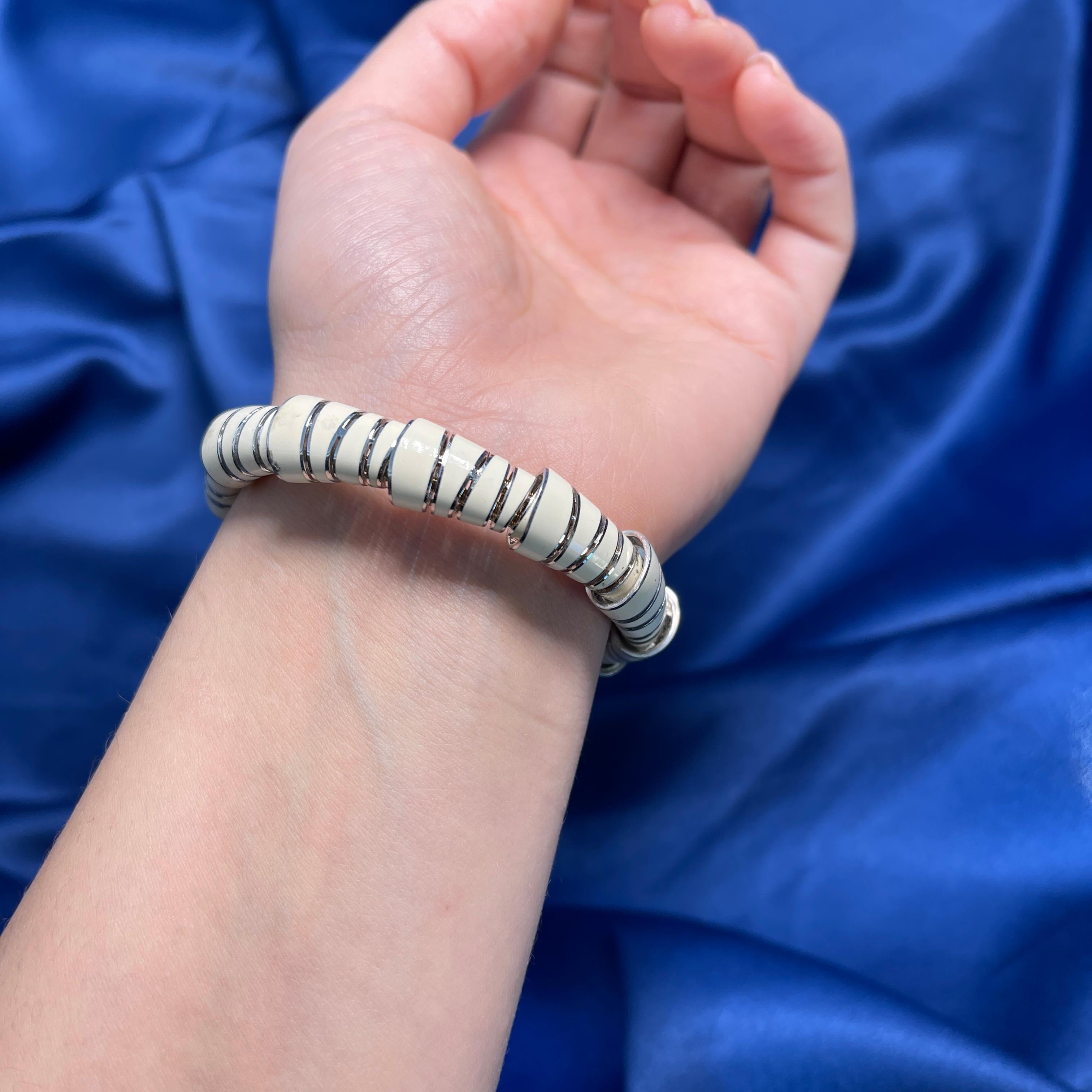 da uomo o donna Bracciale elastico laccato in argento con diamanti neri in vendita