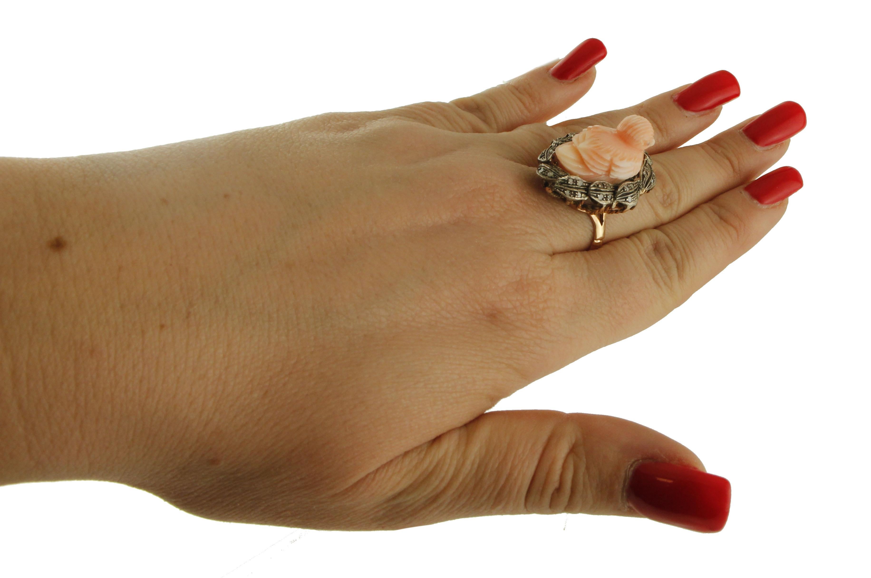 Women's Carved Coral Duck, Diamonds, 9 Karat Rose Gold and Silver Ring