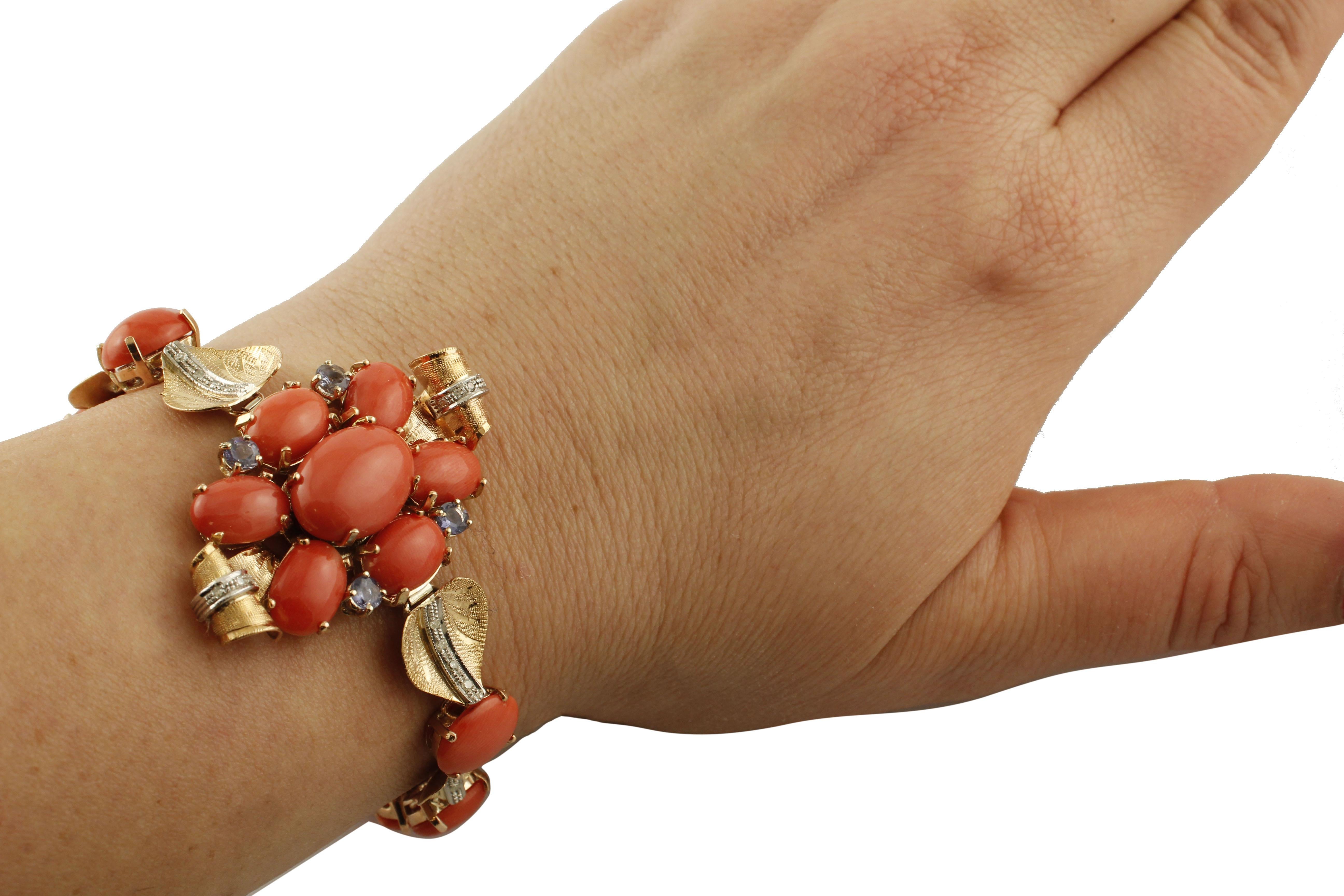 Corals, Diamonds, Iolite, Rose Gold Bracelet For Sale 2