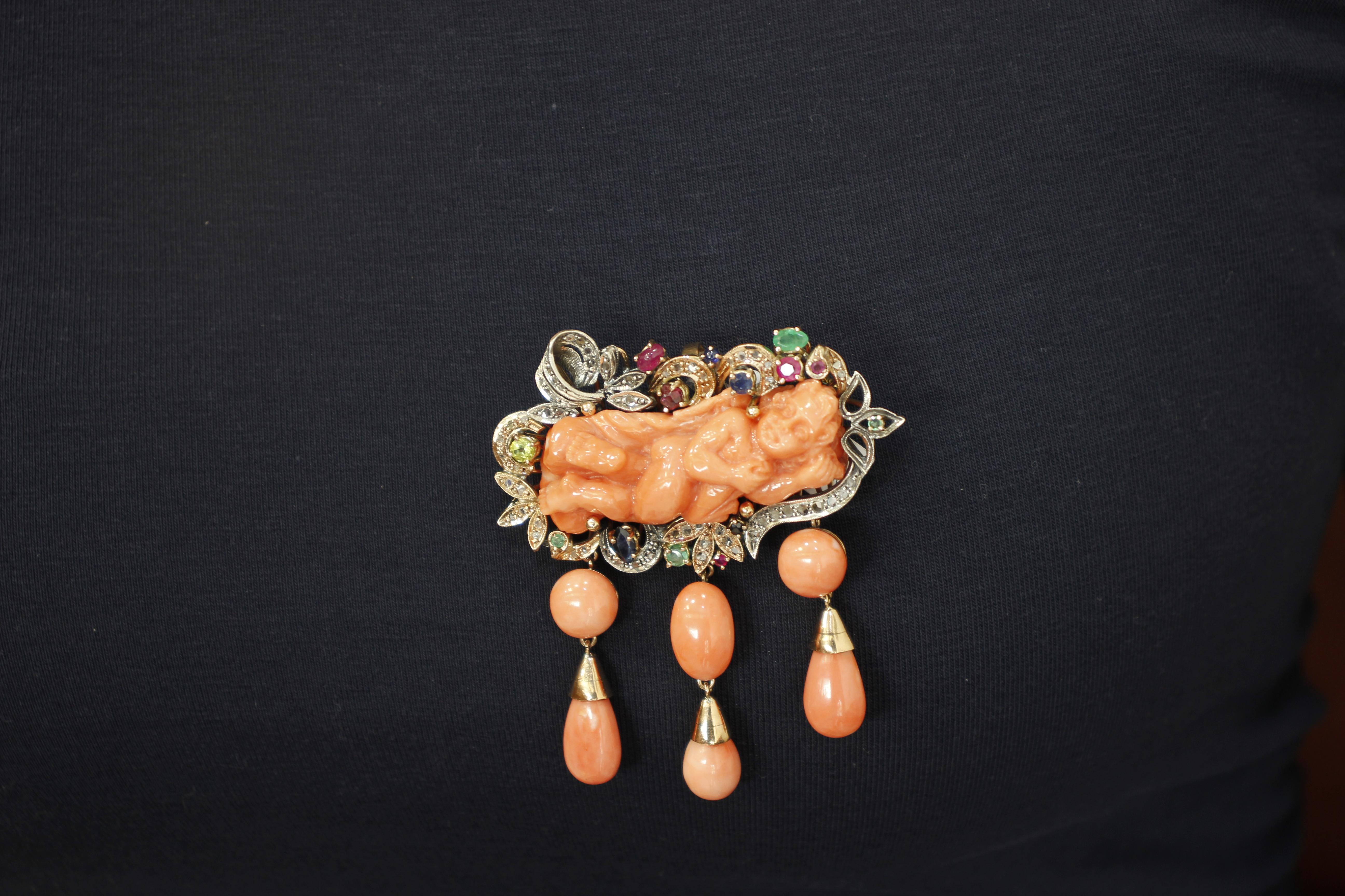 Orange Corals, Diamonds, Rubies, Emeralds, Blue sapphires, Gold/Silver Pendant For Sale 2