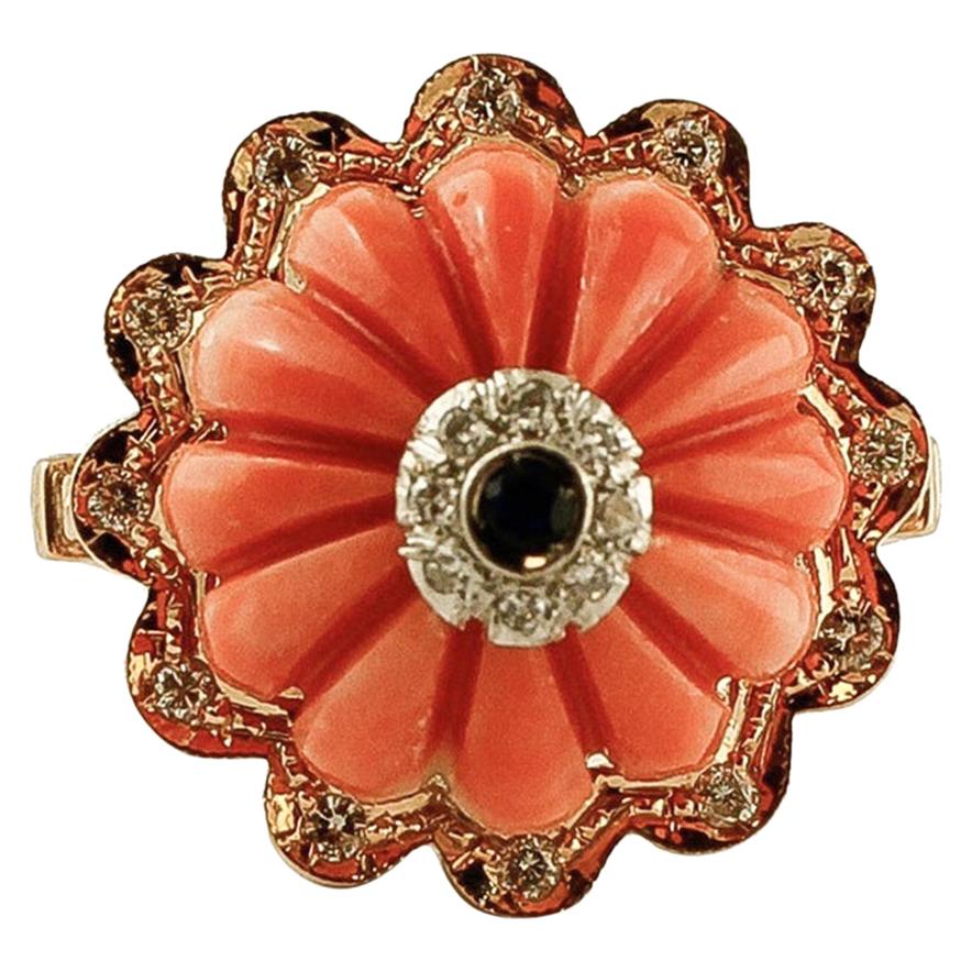 Elatius Coral, Diamonds, Sapphire, 14 Karat Rose Gold Vintage Ring