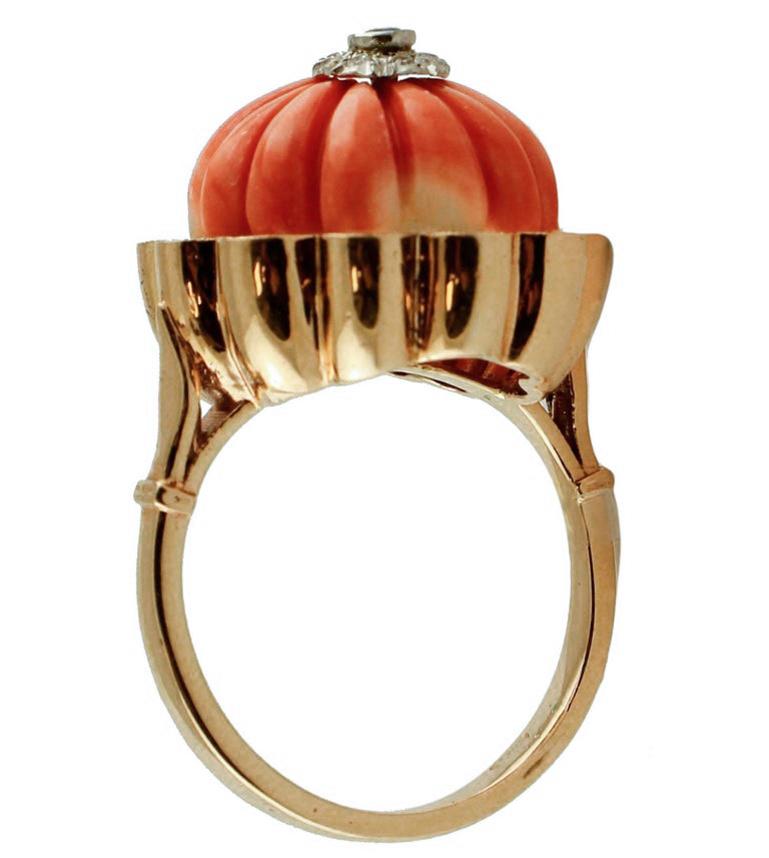 Retro Elatius Coral, Diamonds, Sapphire, 14 Karat Rose Gold Vintage Ring
