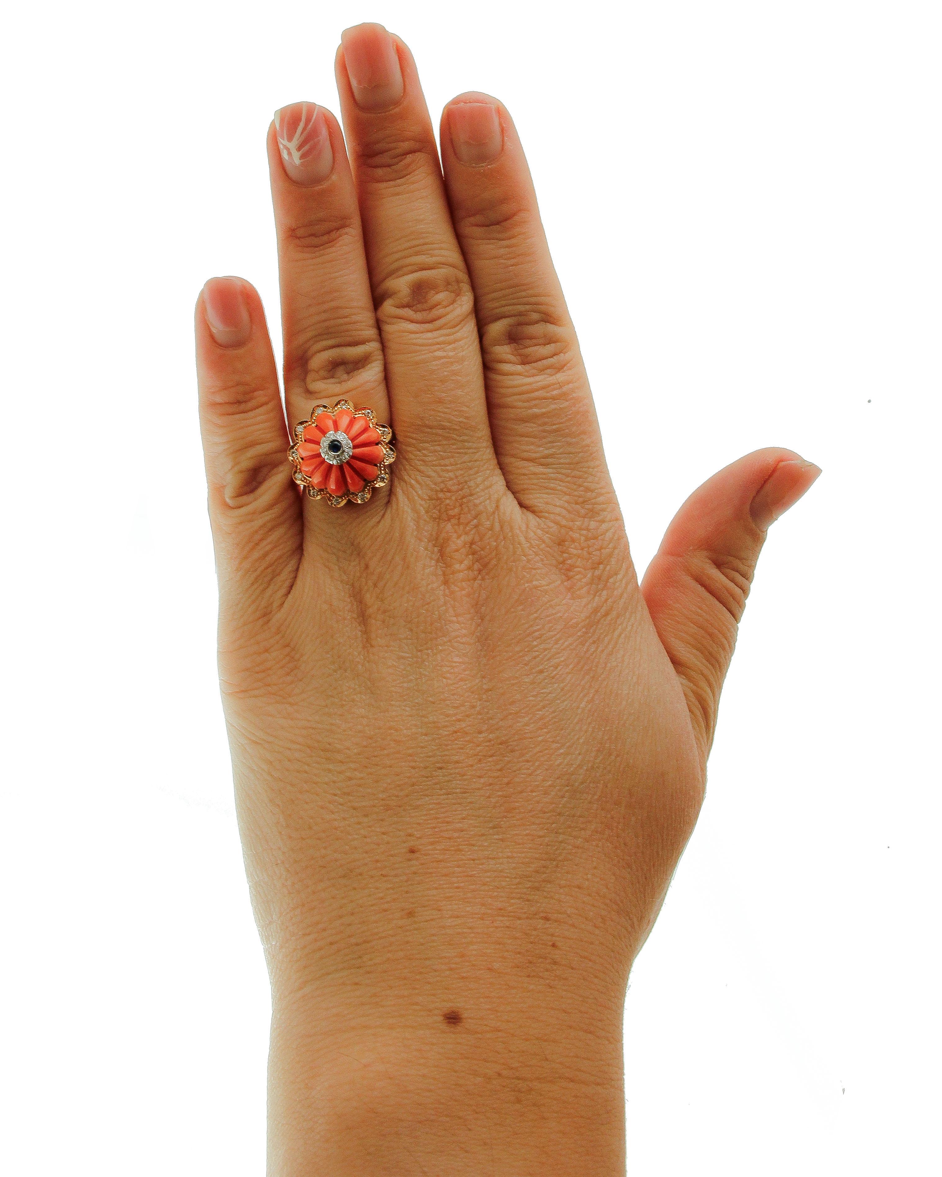 Women's Elatius Coral, Diamonds, Sapphire, 14 Karat Rose Gold Vintage Ring