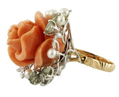 Coral Flower, Diamonds, Sapphires, Pearls, 14k White and Rose Gold Ring