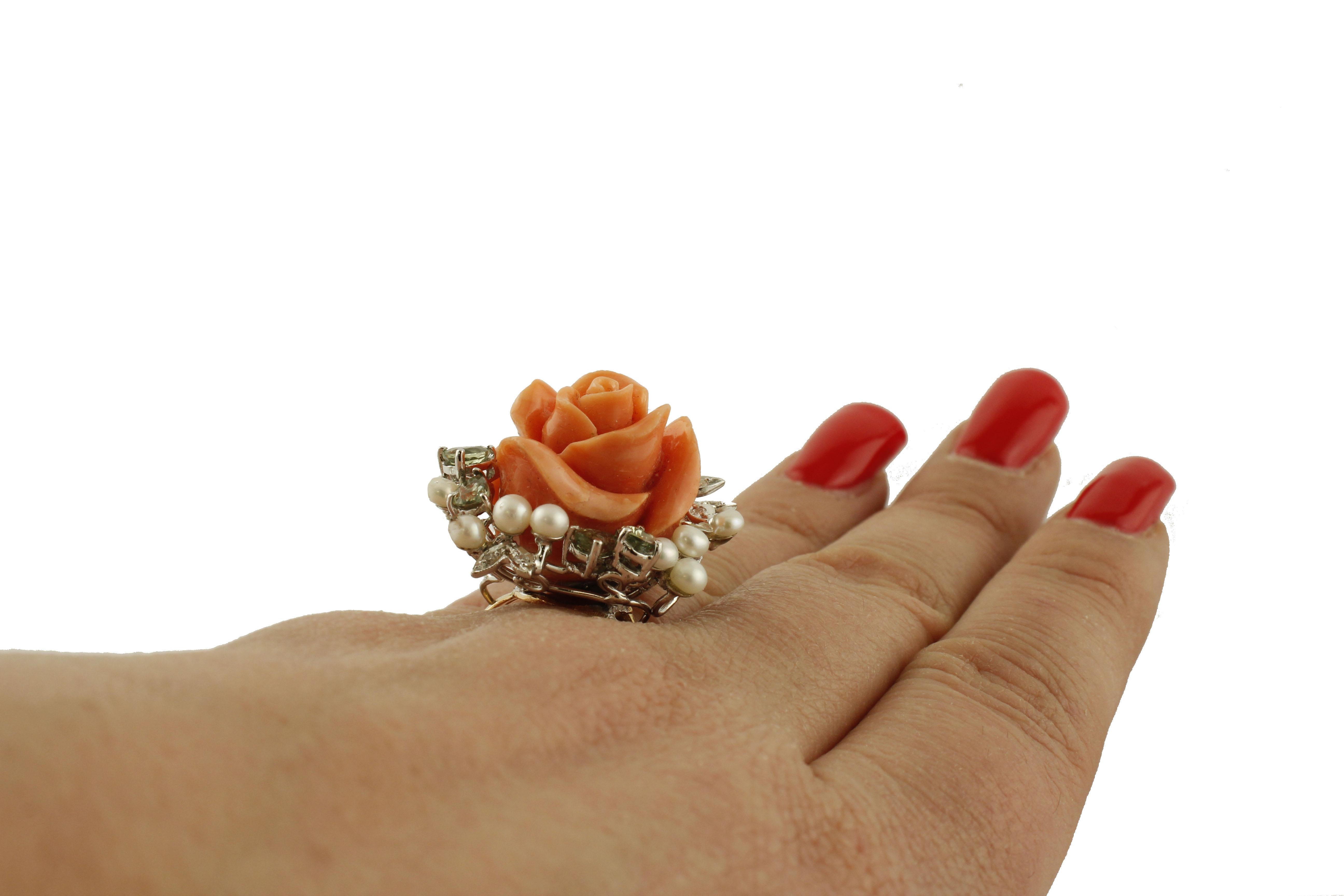 Retro Coral Flower, Diamonds, Sapphires, Pearls, 14k White and Rose Gold Ring  For Sale