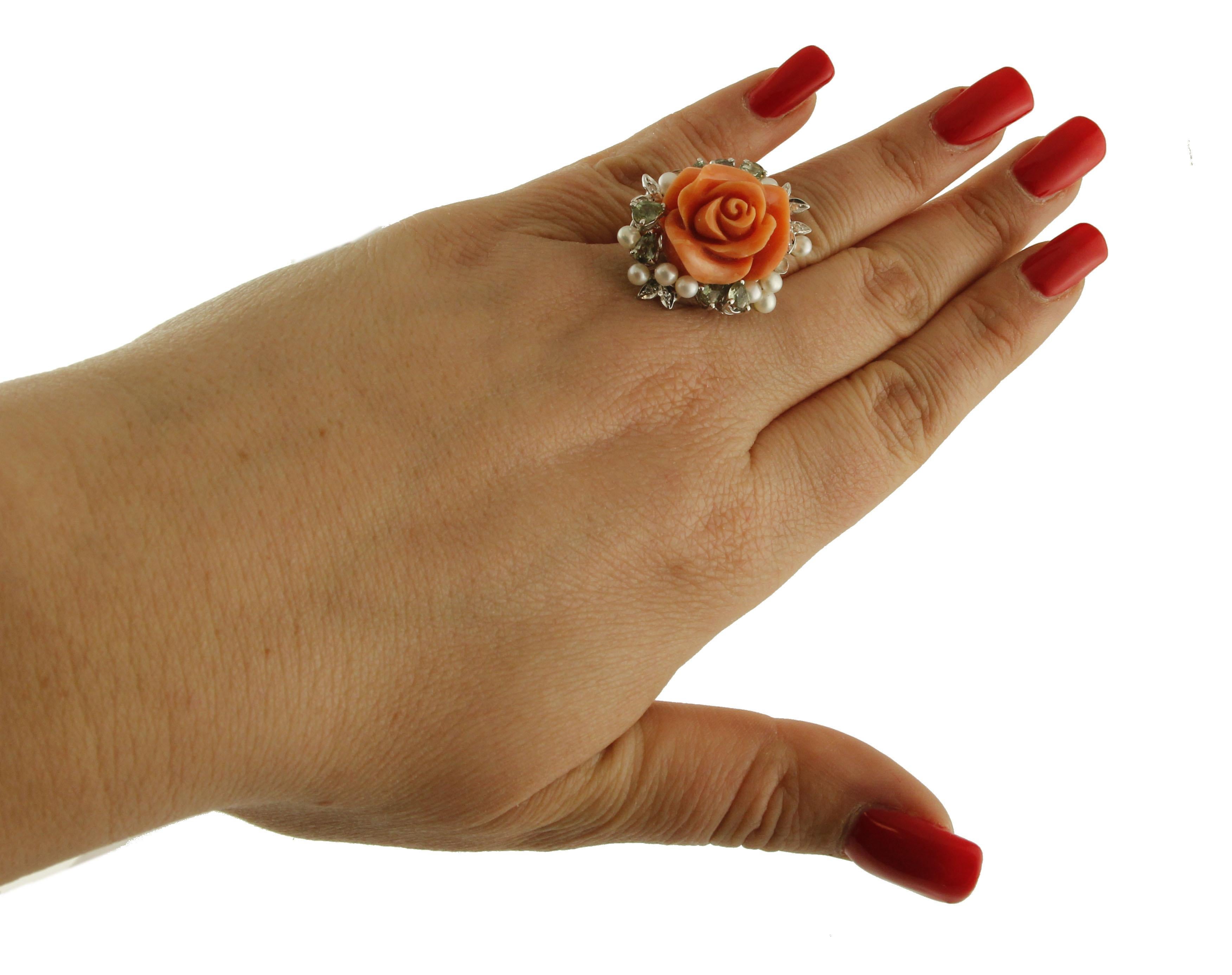 Mixed Cut Coral Flower, Diamonds, Sapphires, Pearls, 14k White and Rose Gold Ring  For Sale