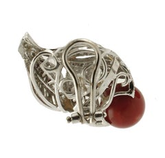 Red Coral Spheres, White Diamonds, Platinum Clip-on Earrings