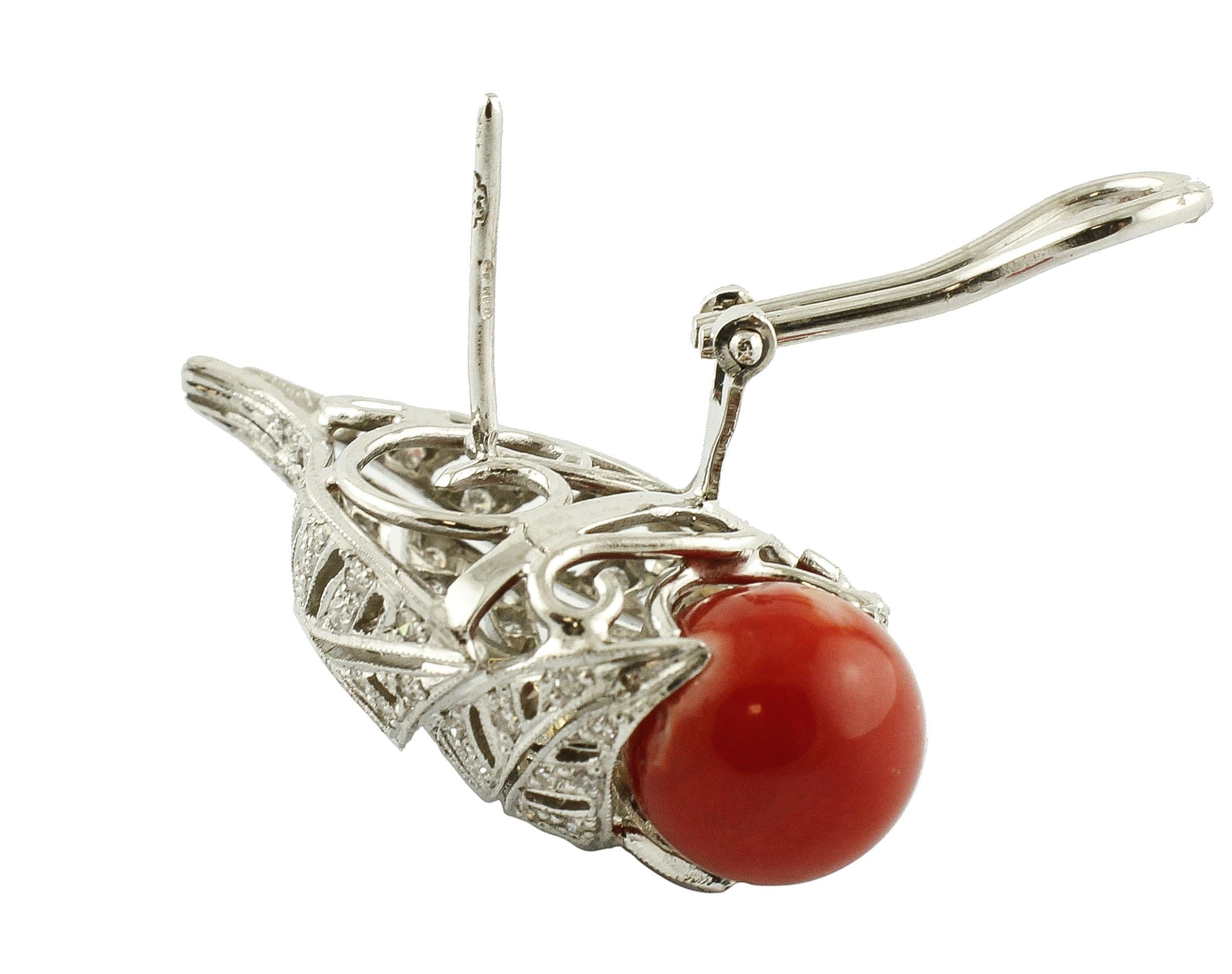 Brilliant Cut Red Coral Spheres, White Diamonds, Platinum Clip-on Earrings For Sale