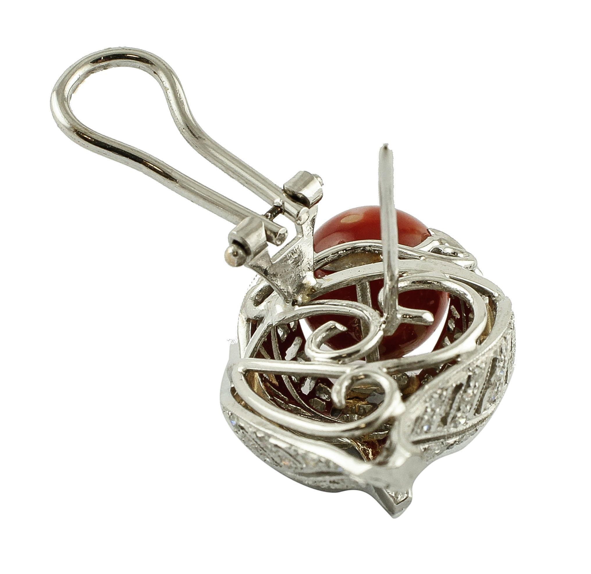 Red Coral Spheres, White Diamonds, Platinum Clip-on Earrings In Excellent Condition In Marcianise, Marcianise (CE)