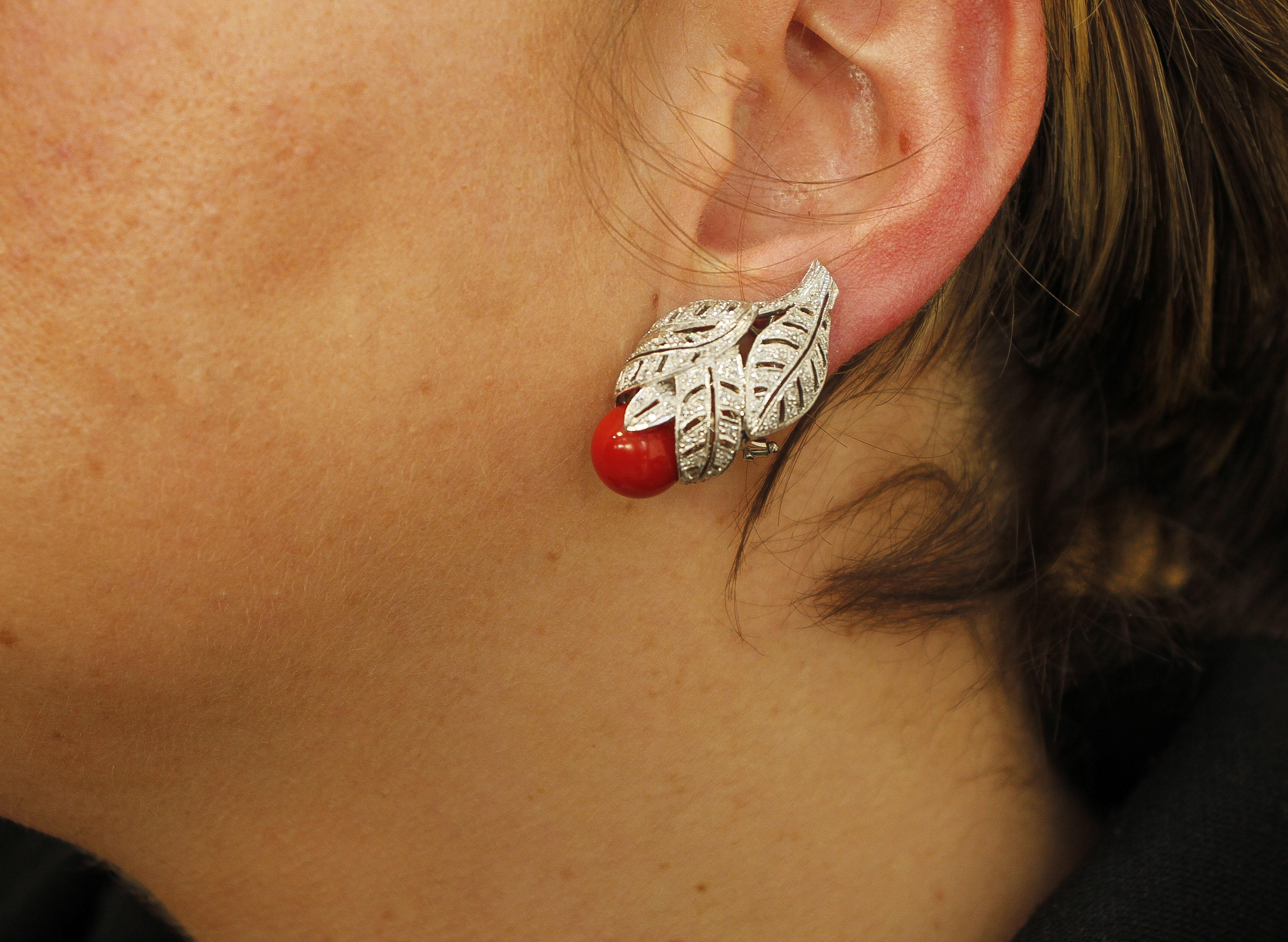 Red Coral Spheres, White Diamonds, Platinum Clip-on Earrings For Sale 2