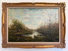 Large Vintage Oil Painting River Landscape Signed E. Lawson, Gold Ornate Frame