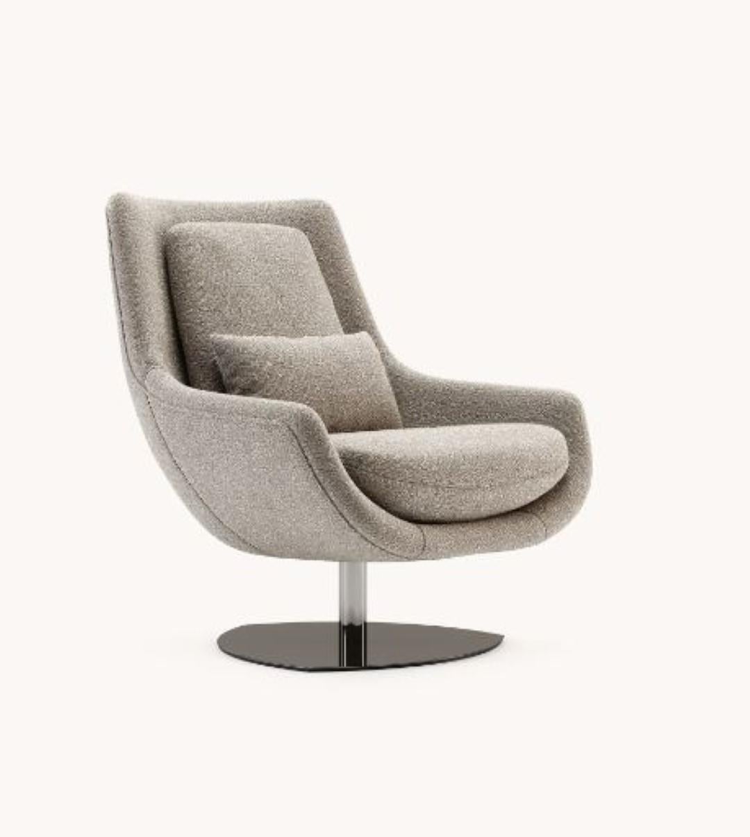 Elba armchair by Domkapa
Materials: Bouclé, Polished Stainless Steel.
Dimensions: W 87 x D 88 x H 100 cm. 
Also available in different materials. Please contact us.
* with 1 pillow included in the same fabric as the structure (50x30