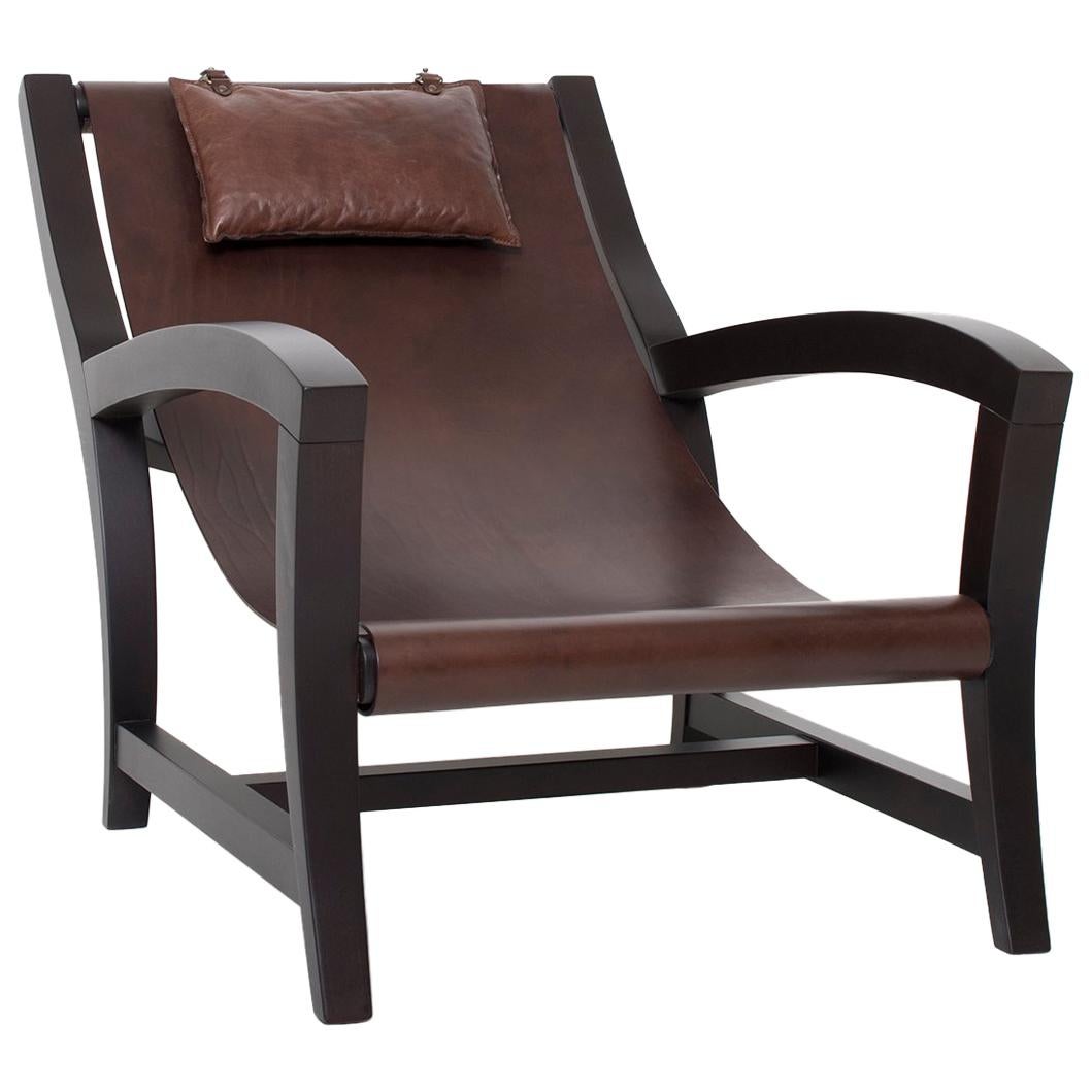 Contemporary Elba, Deckchair Inspiration for This Leather and Beechwood Indoor Lounge Chair For Sale