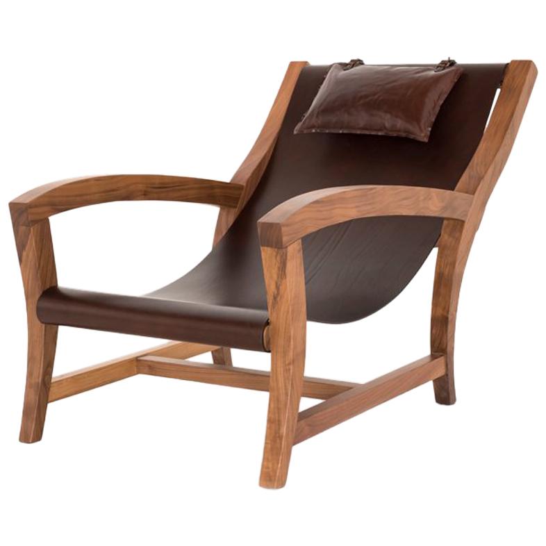 Elba, Deckchair Inspiration, Leather and Canaletto Walnut Indoor Lounge Chair For Sale