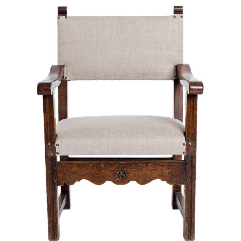 Linen Antique English Country Armchairs with Floral Carvings