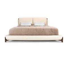 Customizable Queen Bed with Walnut Accents and Ivory Fabric – Elbow Collection