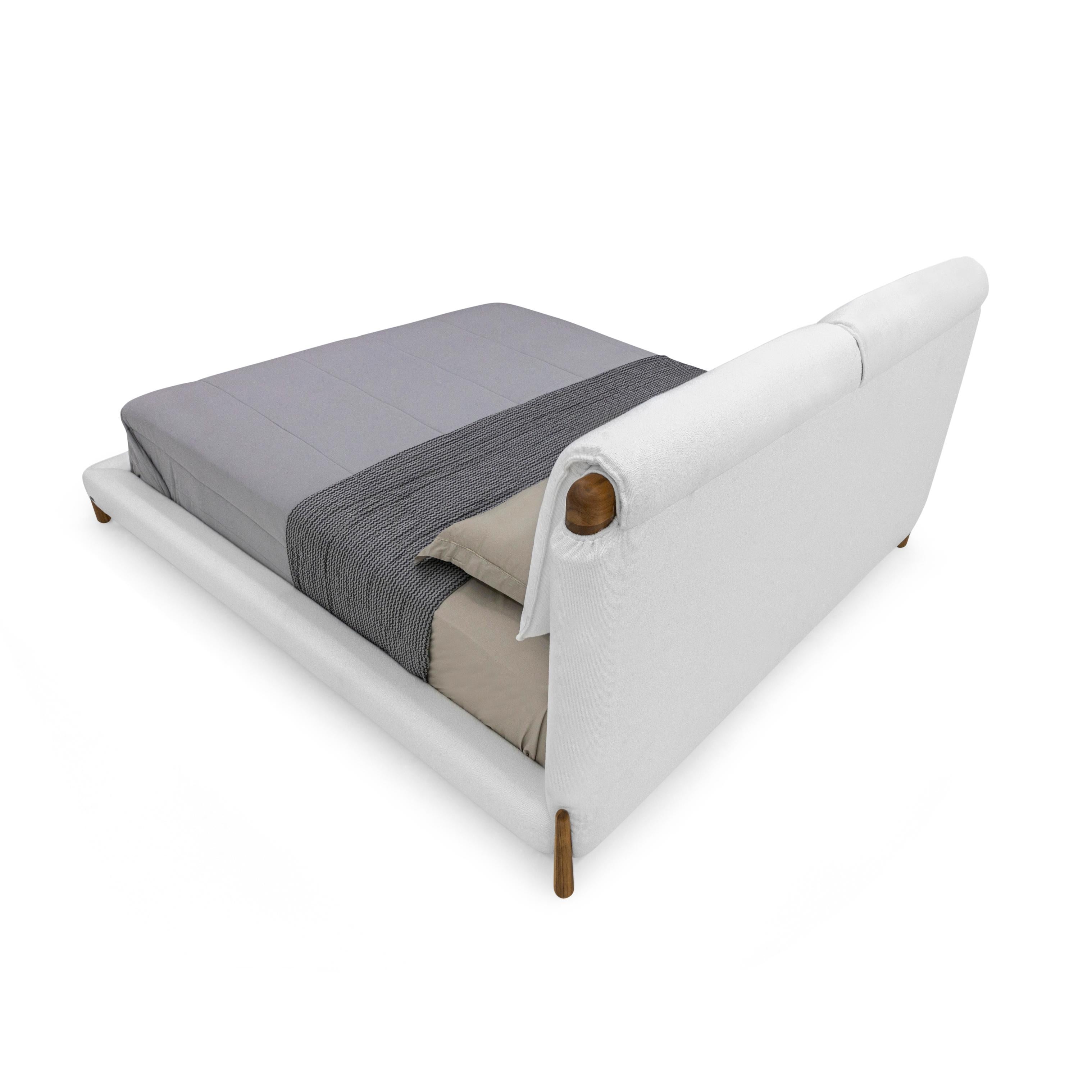 Customizable Queen Teak Bed with White Fabric Upholstery, Elbow Collection For Sale 4