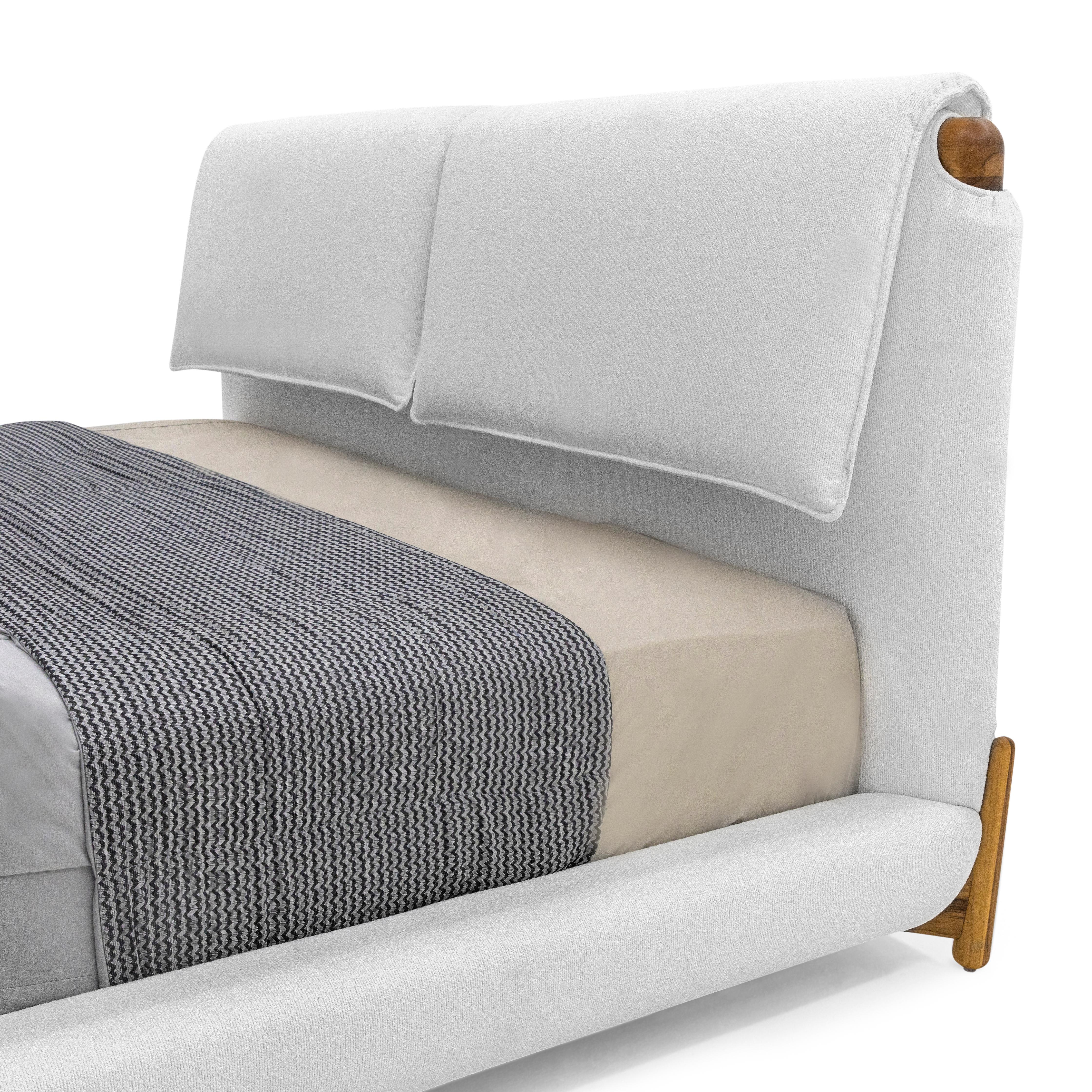 Customizable Queen Teak Bed with White Fabric Upholstery, Elbow Collection For Sale 6
