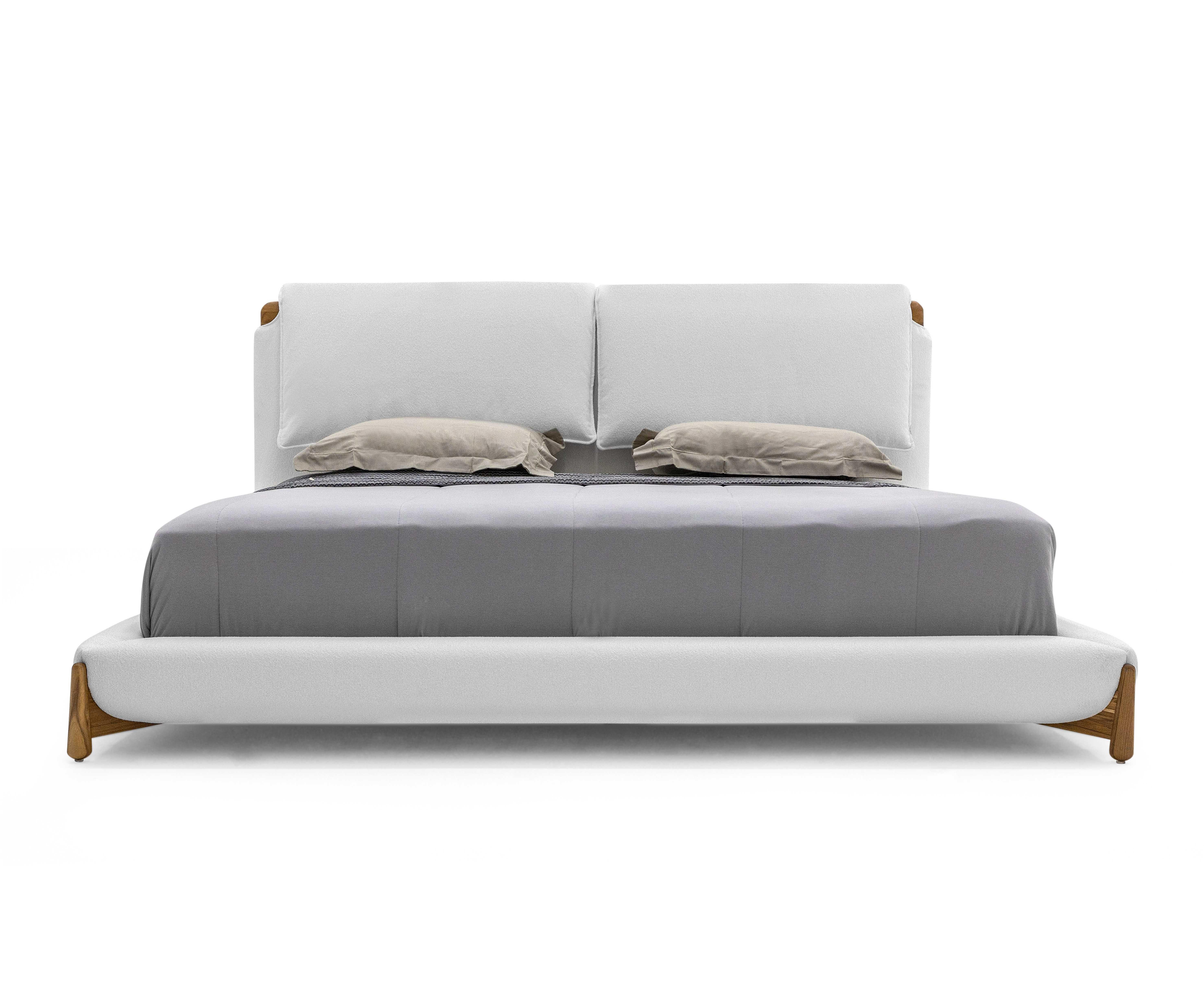 Modern Customizable Queen Teak Bed with White Fabric Upholstery, Elbow Collection For Sale