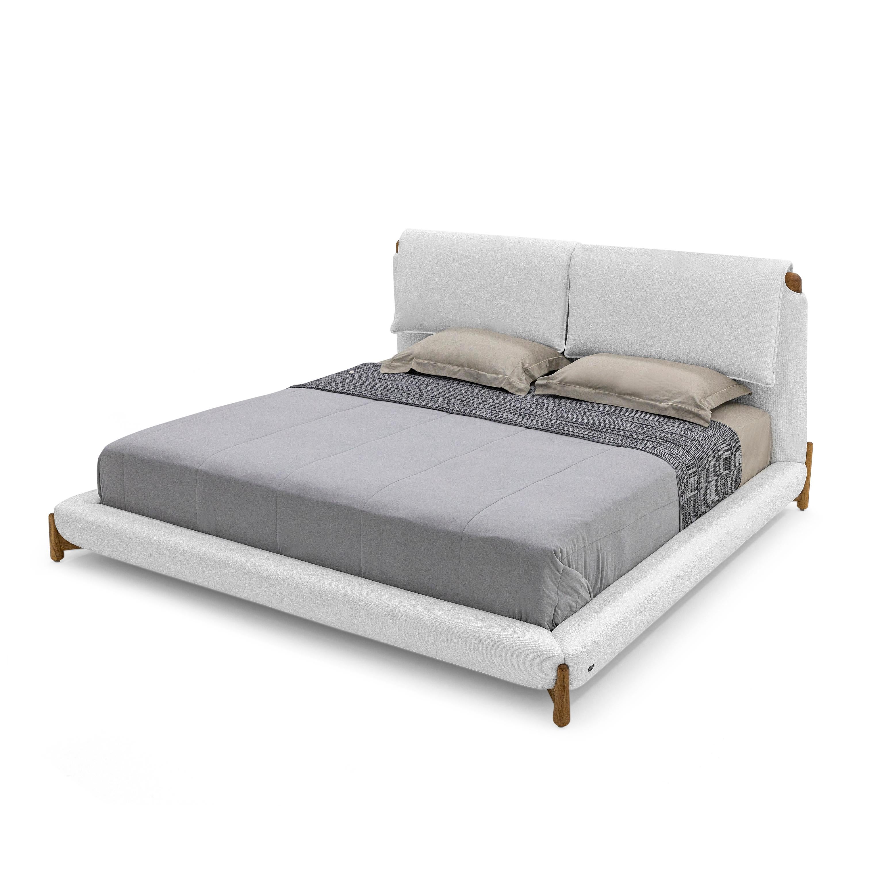 Contemporary Customizable Queen Teak Bed with White Fabric Upholstery, Elbow Collection For Sale