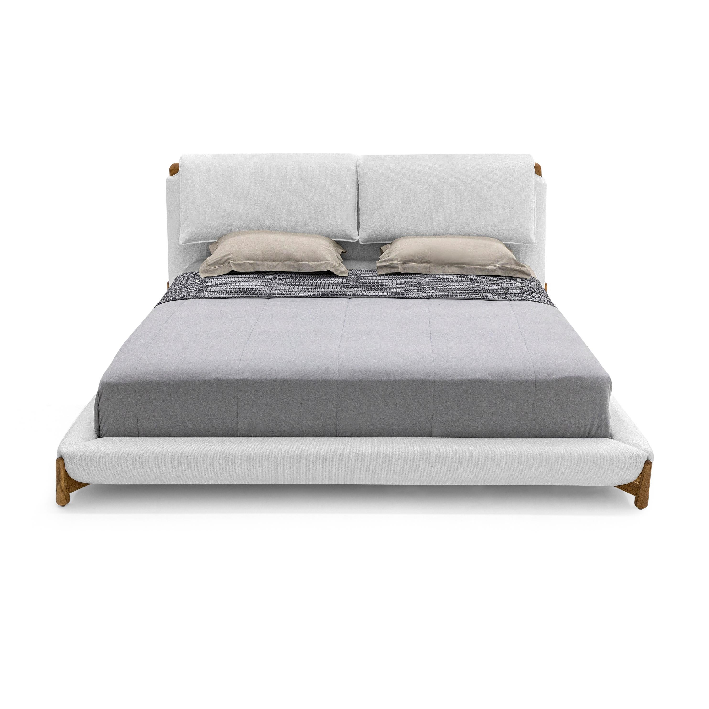 Customizable Queen Teak Bed with White Fabric Upholstery, Elbow Collection For Sale 1
