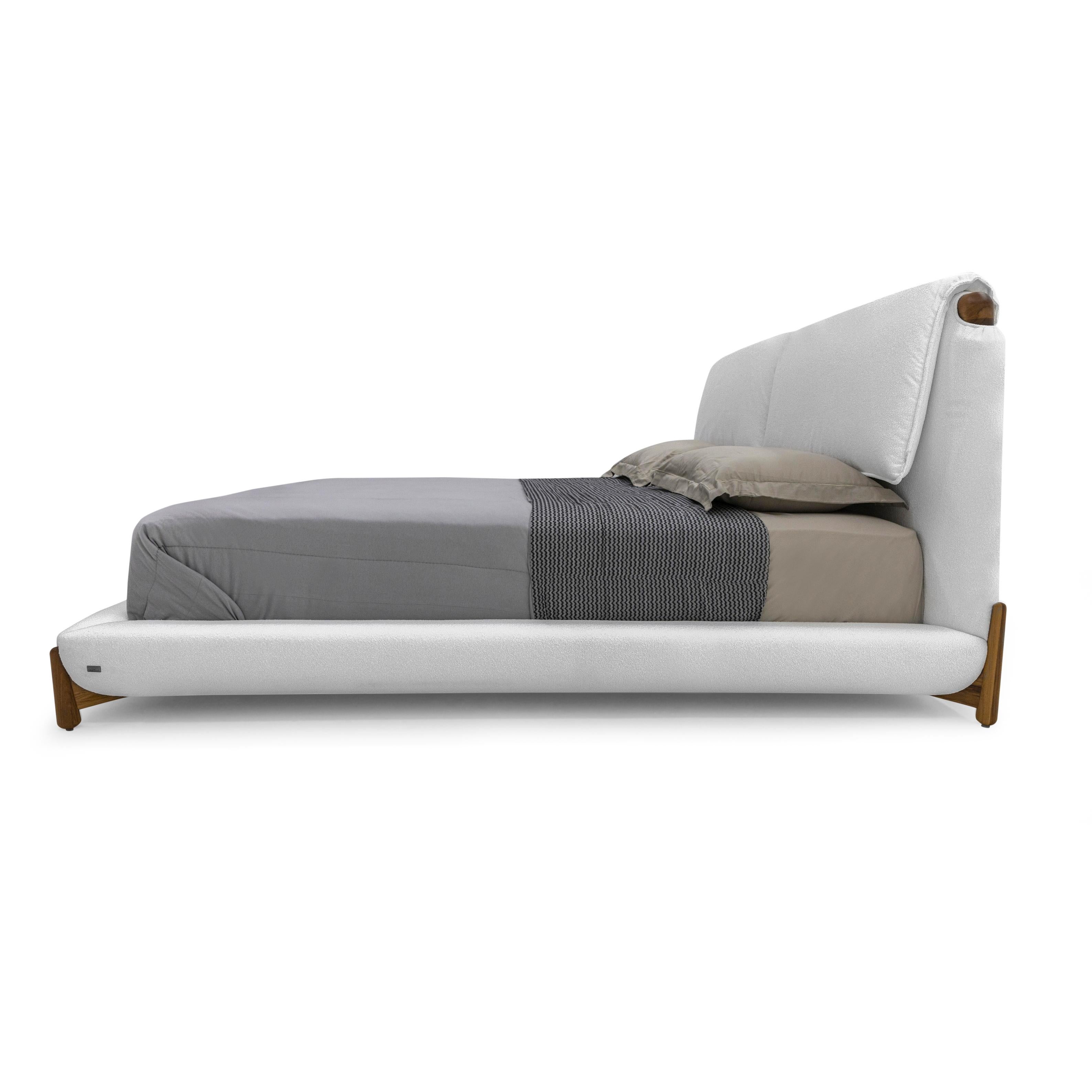 Customizable Queen Teak Bed with White Fabric Upholstery, Elbow Collection For Sale 3
