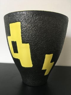 Elchinger Signed Black and Yellow Ceramic Vase, Abstract Decor, France 1950s