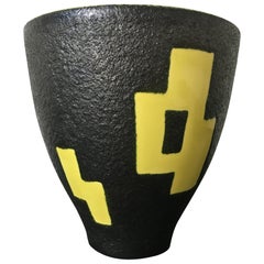 Vintage Elchinger Signed Black and Yellow Ceramic Vase, Abstract Decor, France 1950s