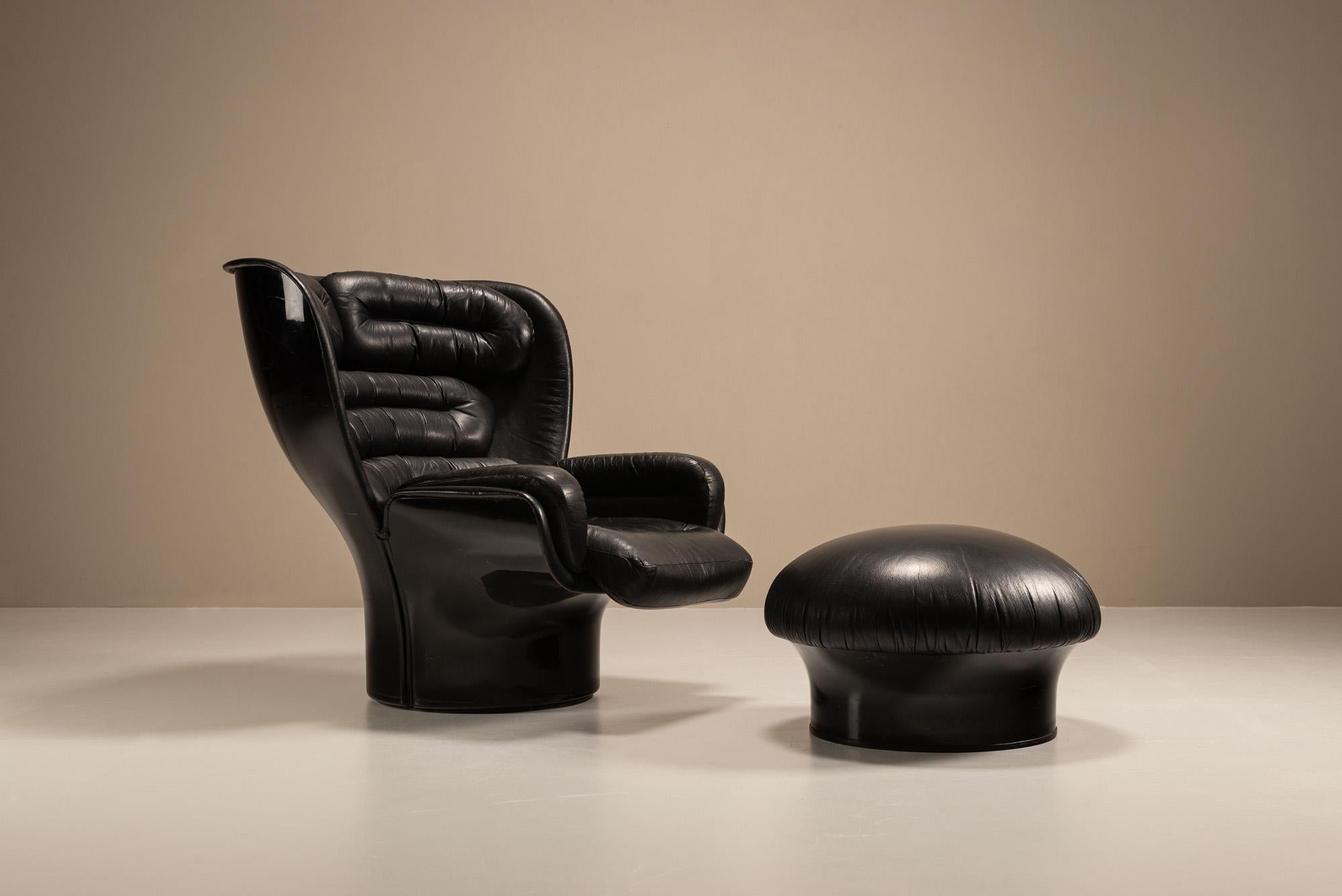 Sedia 'Elda' di Joe Colombo e Pouf Mario Brunu in pelle nera per il massimo comfort in vendita 9