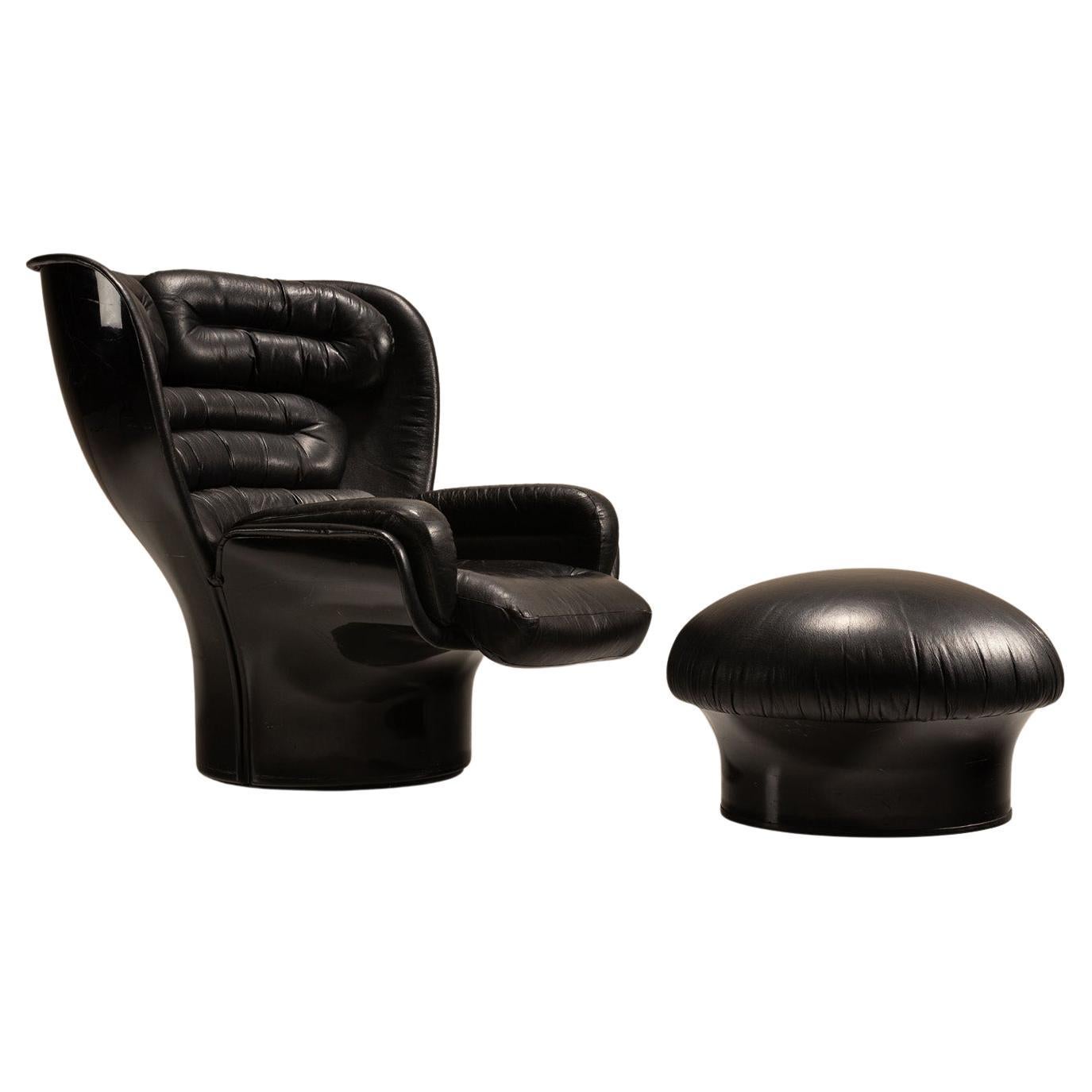 'Elda' Chair by Joe Colombo and Mario Brunu Pouf in Black Leather for Comfort