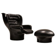 'Elda' Chair by Joe Colombo and Mario Brunu Pouf in Black Leather for Comfort