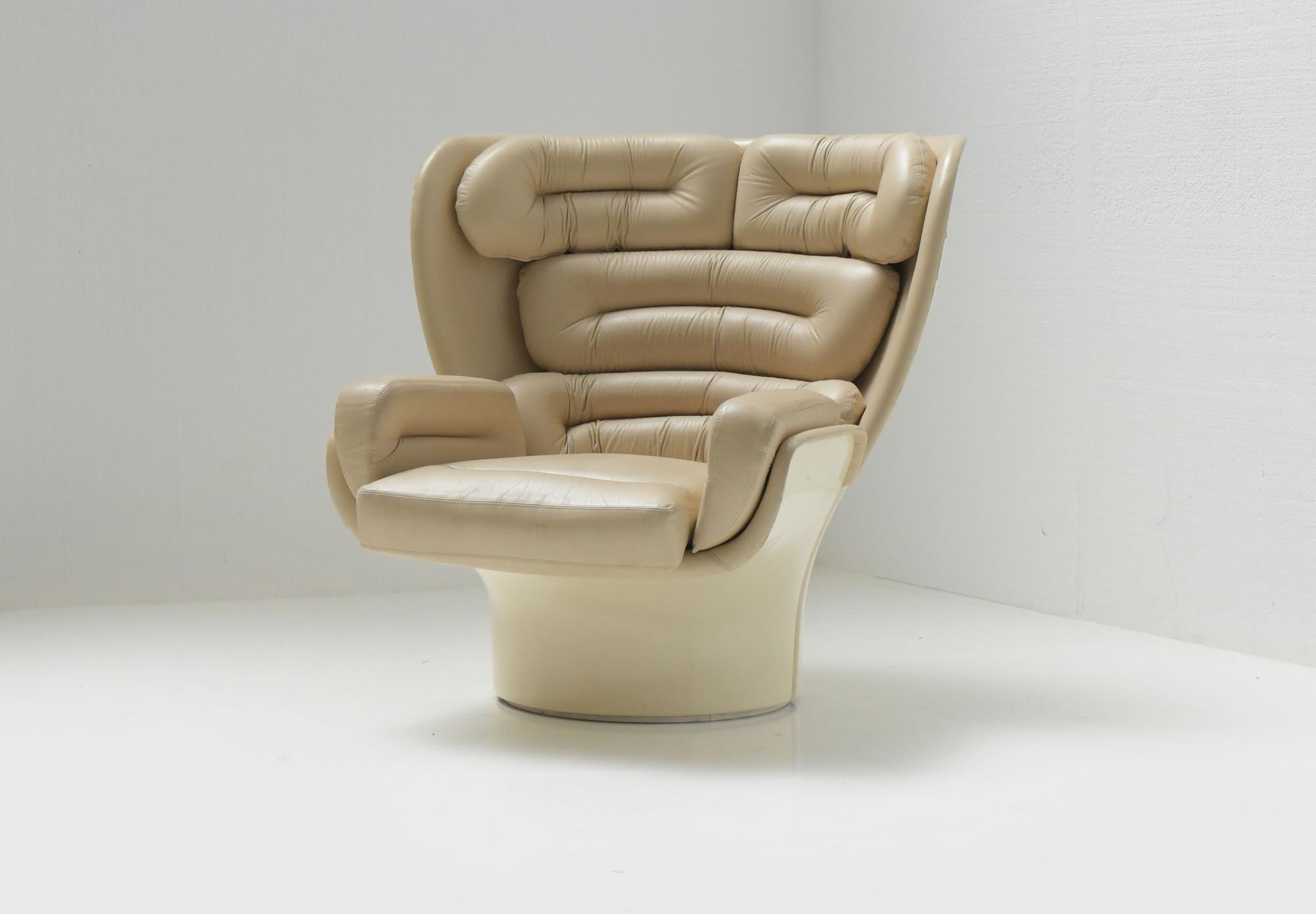 Mid-Century Modern Elda Chair in Cream Leather by Joe Colombo for Comfort Italy