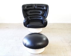 Joe Colombo Elda Chair + Ottoman Black Leather, White Fiberglass Shell