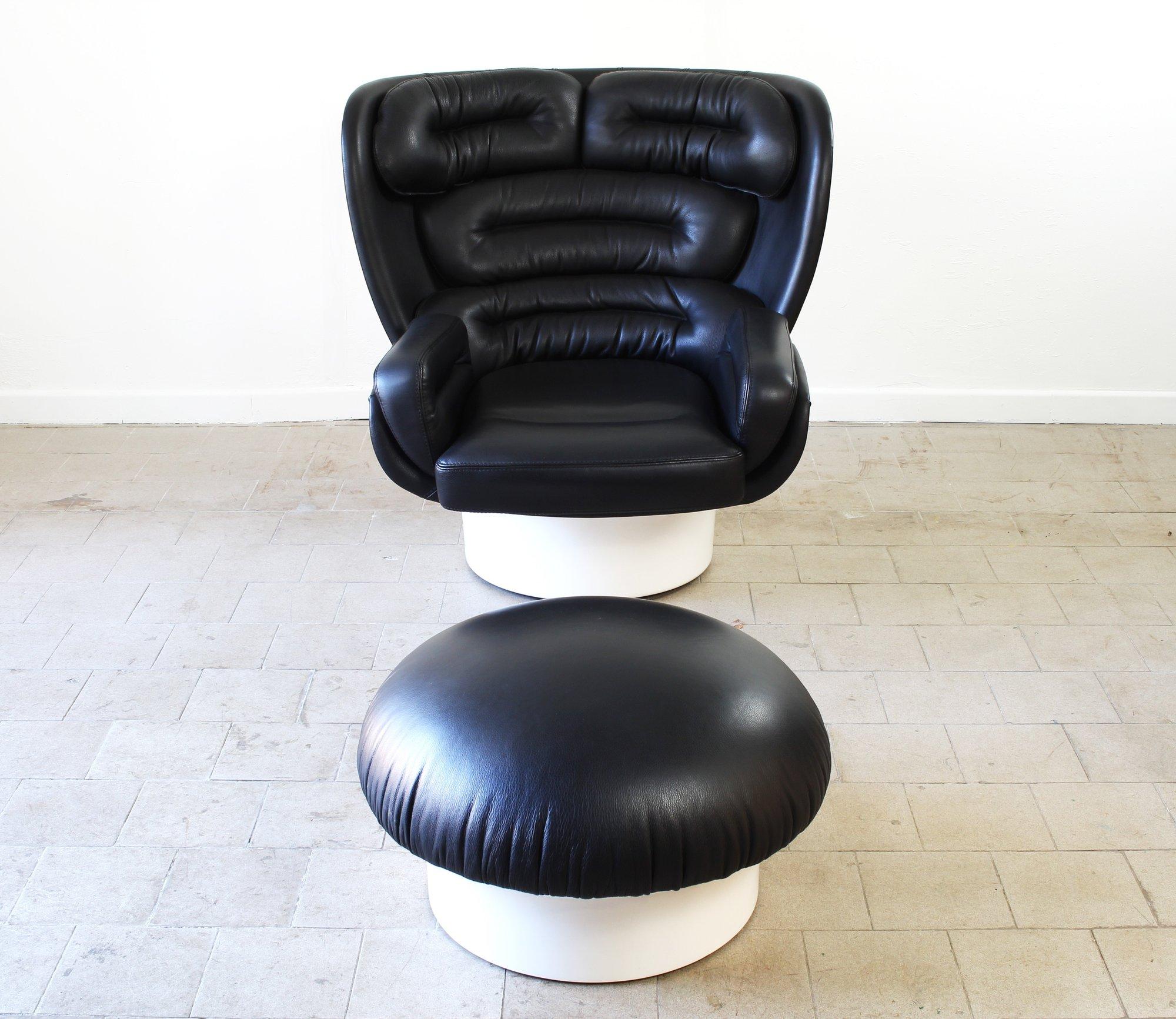 Space Age Joe Colombo Elda Chair + Ottoman Black Leather, White Fiberglass Shell For Sale