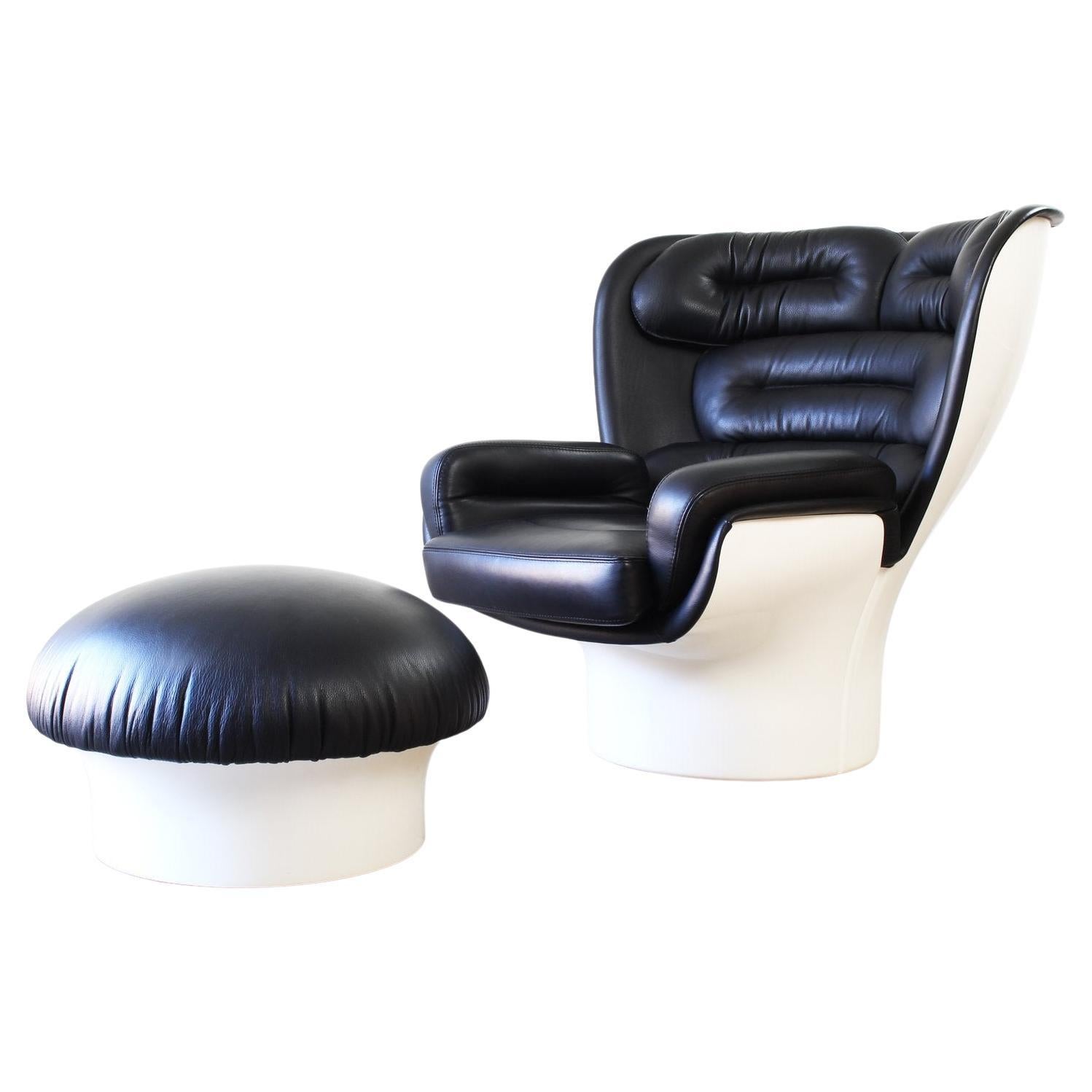 Joe Colombo Elda Chair + Ottoman Black Leather, White Fiberglass Shell For Sale