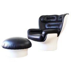 Joe Colombo Elda Chair + Ottoman Black Leather, White Fiberglass Shell