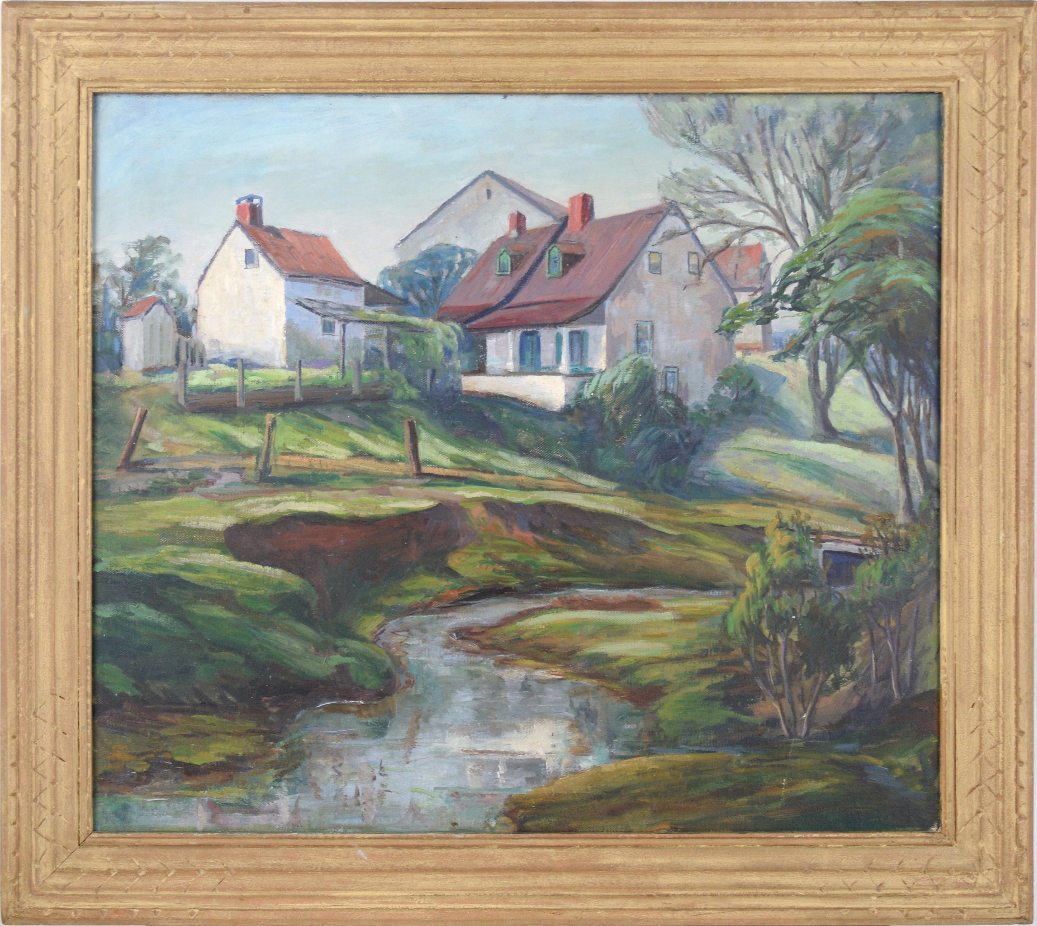 Elda Craumer Landscape Painting - "Lincoln Ancestral Home" - The Mordecai Lincoln House built 1753
