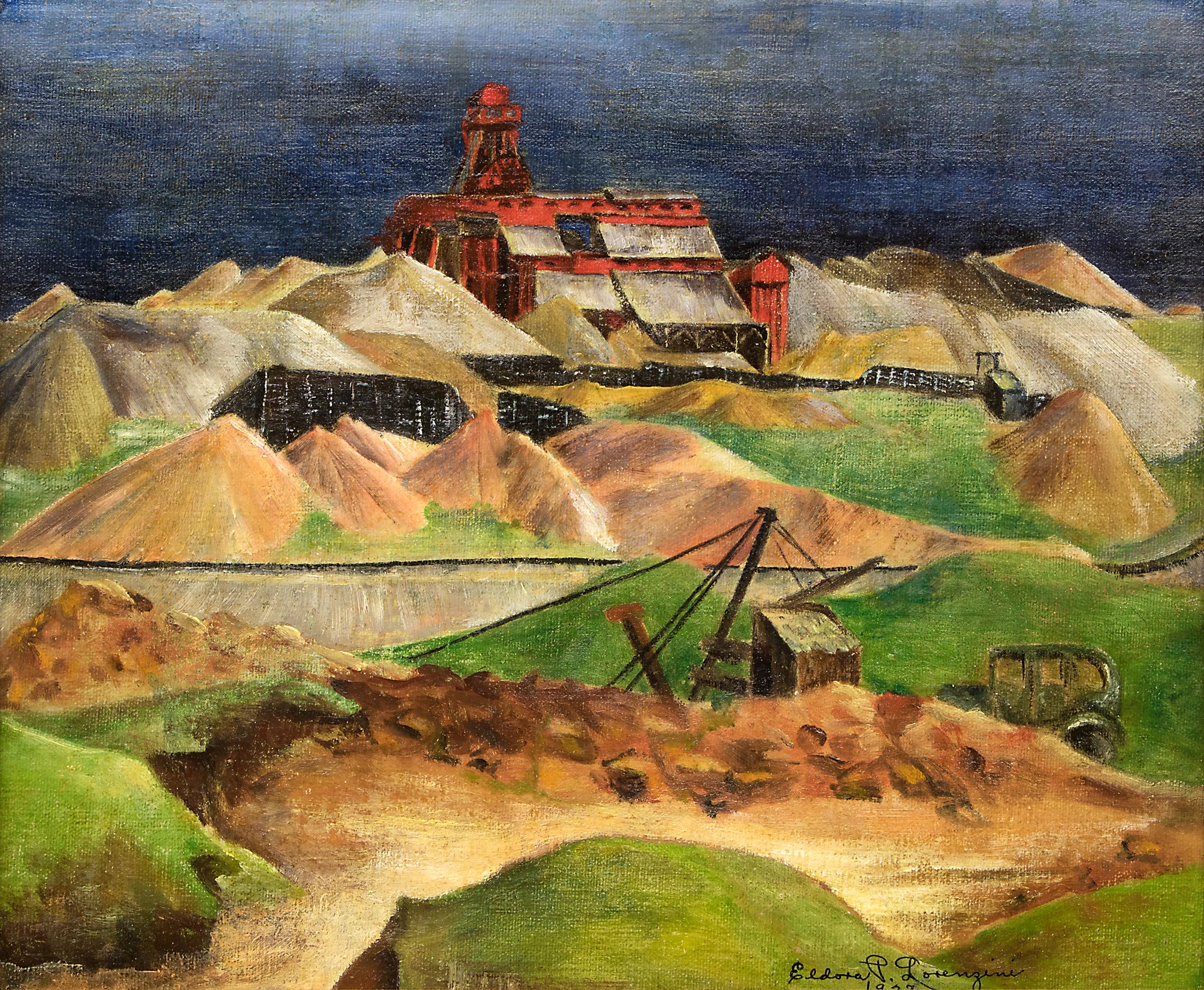 Peinture à l'huile de la mine Fitzhugh, près de Leadville, Colorado, paysage minier de montagne - Modernisme américain Painting par Eldora Pauline Lorenzini