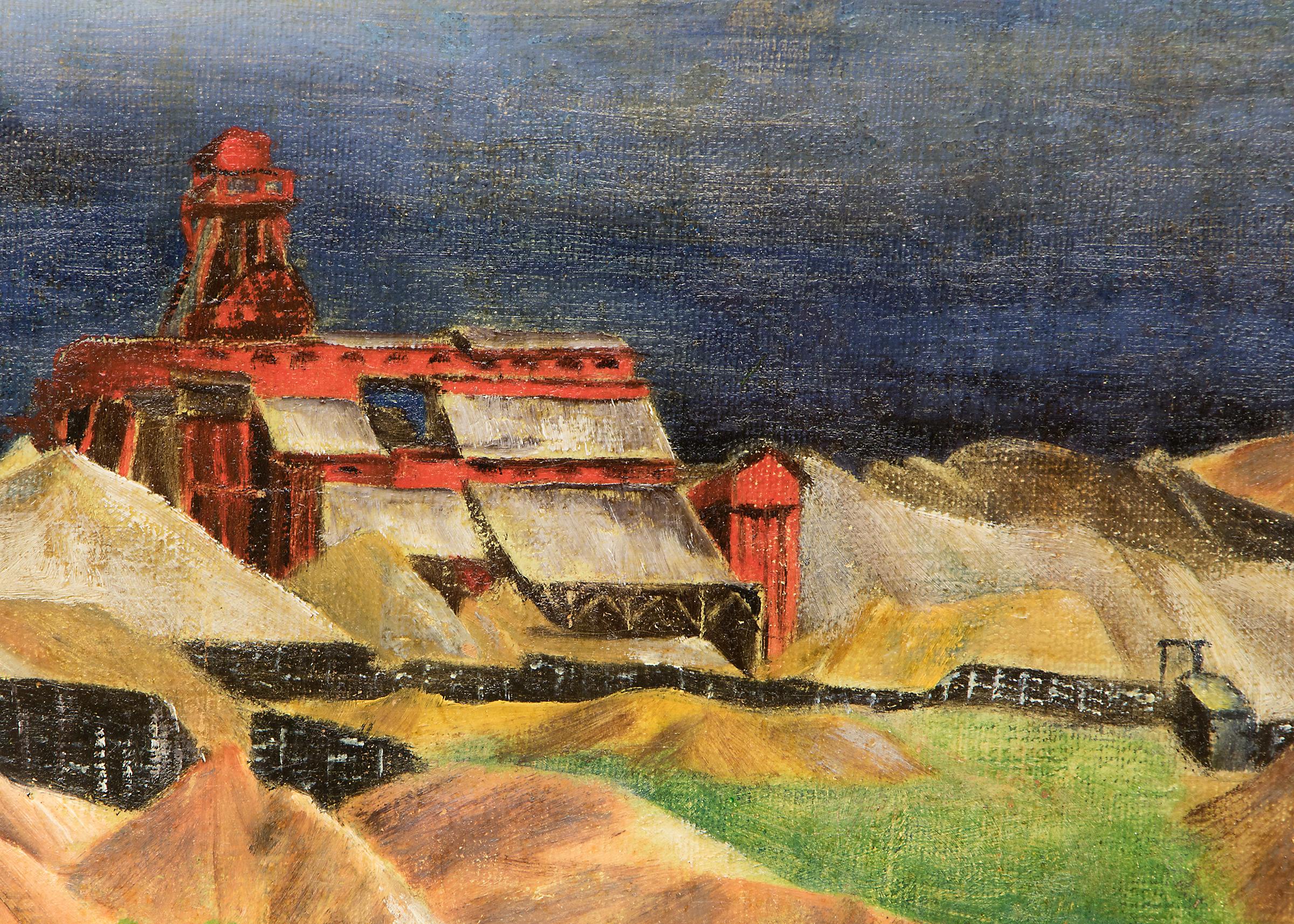 Huile sur papier monté, paysage de montagne moderne du Colorado peint par une artiste féminine du début du 20e siècle, Eldora Pauline Lorenzini (1910- 1993) en 1937. La peinture représente la mine Fitzhugh, près de Leadville, Colorado. Signé et daté