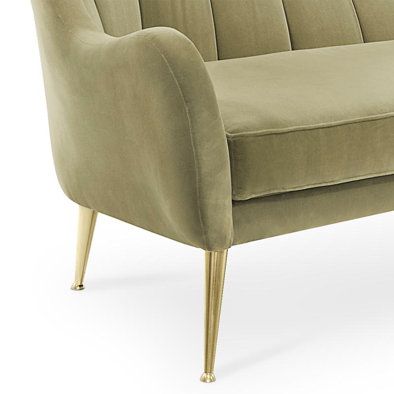Brass Eldorado Sofa with Cotton Velvet in Mandel Green Finish For Sale
