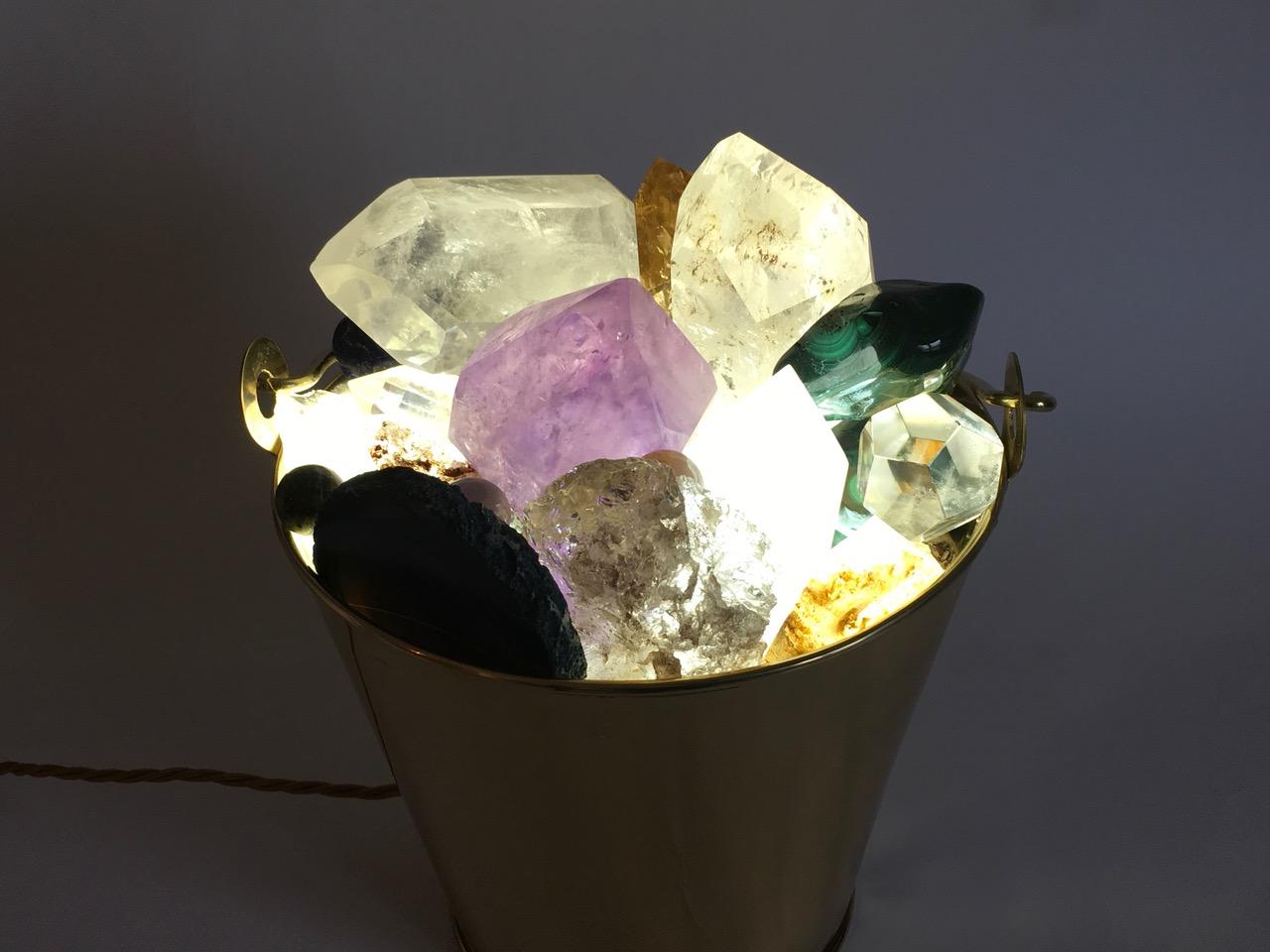 Beautiful table lamp Eldorado, brass bucket with quartz and malachite stones, lapis, agate, amethyst, pyrite etc. designed and produced by Studio Superego.

Biography
Superego editions was born in 2006, performing a constant activity of research in