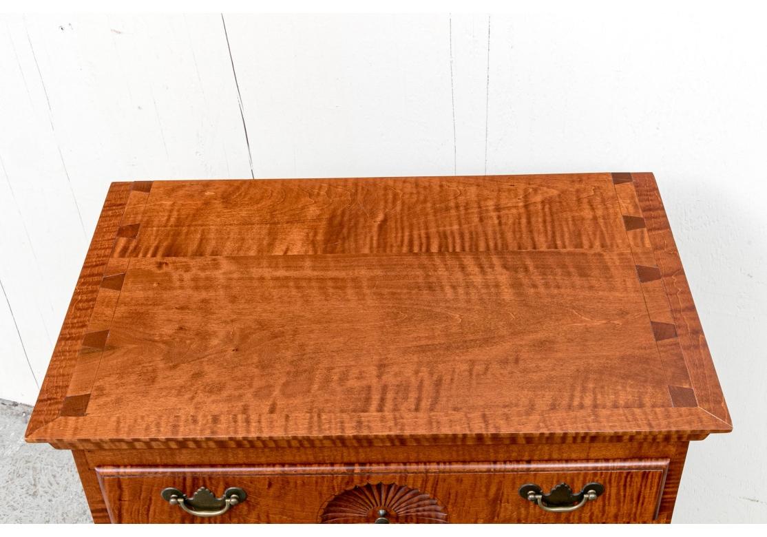 Carved Eldred Wheeler Diminutive Chippendale Style Tiger Maple 5 Drawer Chest