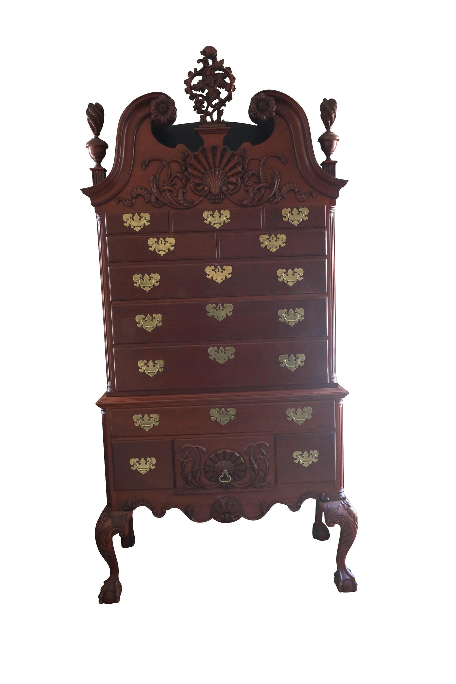 Hand-Carved Eldred Wheeler Philadelphia Cherry Highboy with Finial 